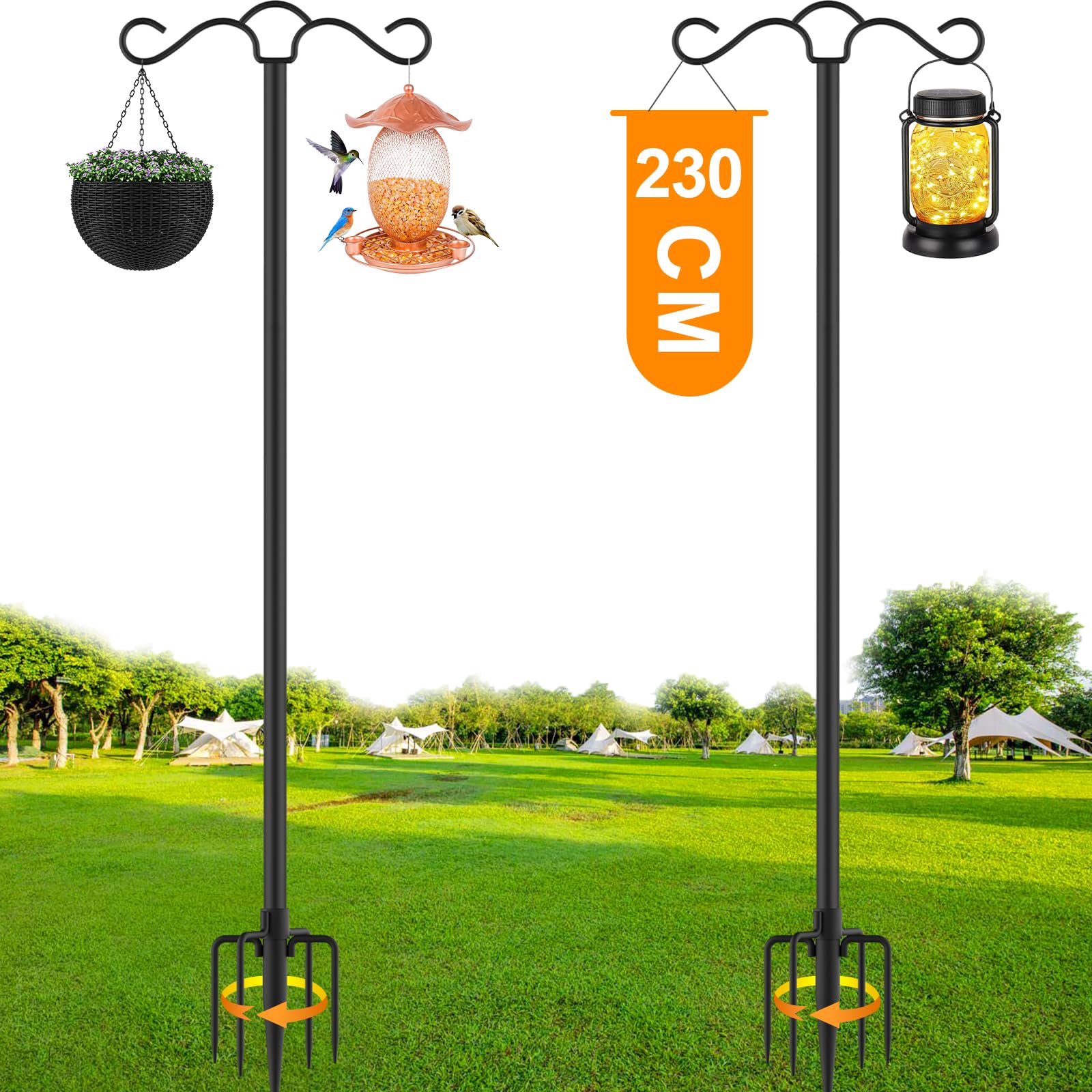 NUERPO 2er-Pack 230 cm Außen-Metall-Doppel-Schäferhaken-Pfahl, stabiler Halteständer mit 5-Zinken-Basis, robust für Blumenkörbe, Gartenlaternen, leichte Pflanzen & Kolibrifutterspender