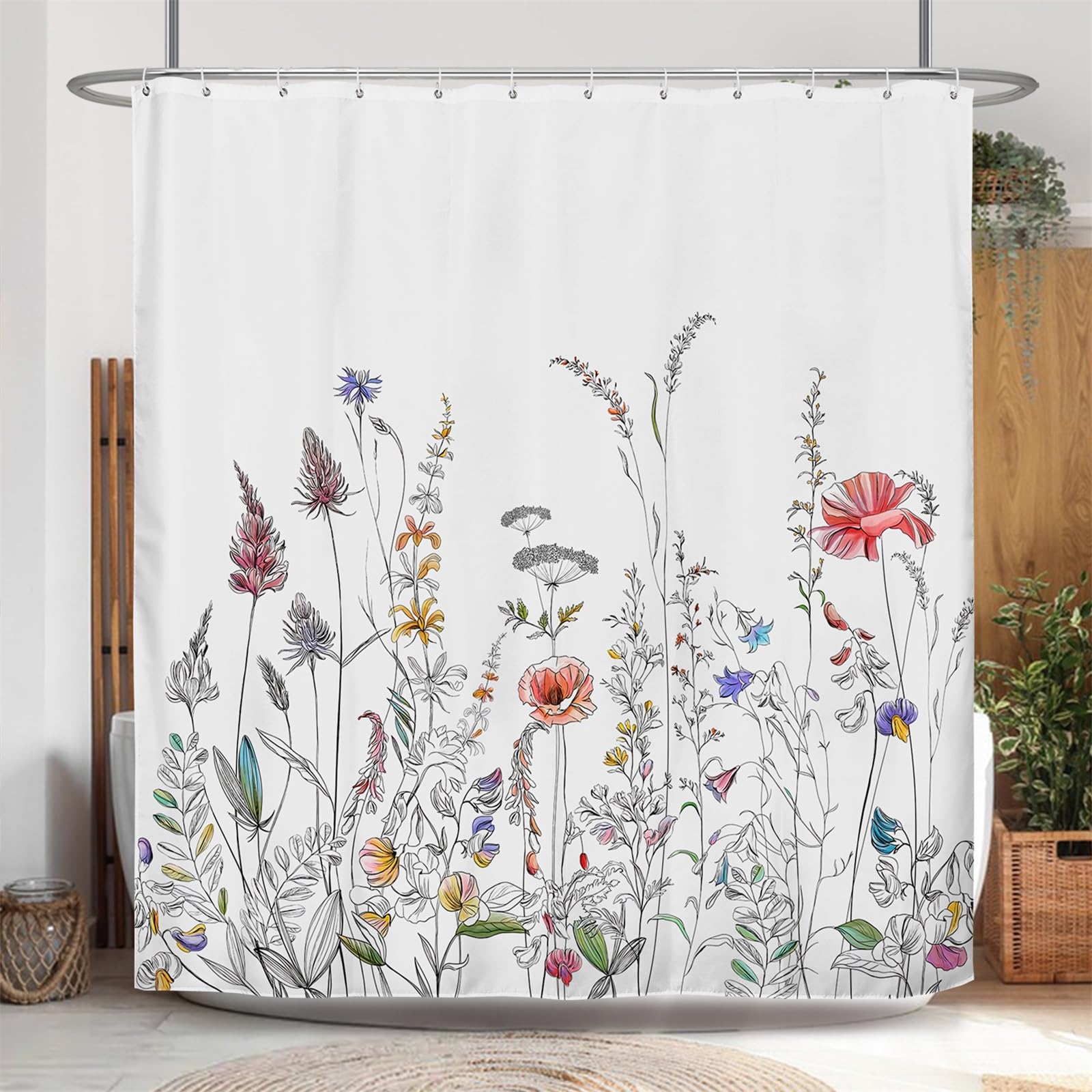 Rideau de douche étanche aquarelle anti-moisissure avec 12 anneaux
