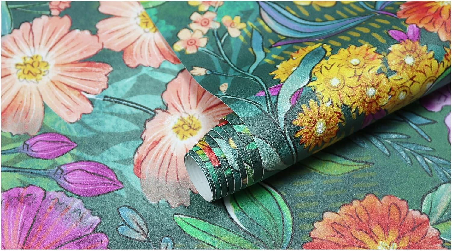 HAOKHOME Peel and Stick Wallpaper Floral Renter Friendly Wall Paper Green/Purple/Pink for Bathroom Kitchen Contact Paper 17.3in x 32.8ft