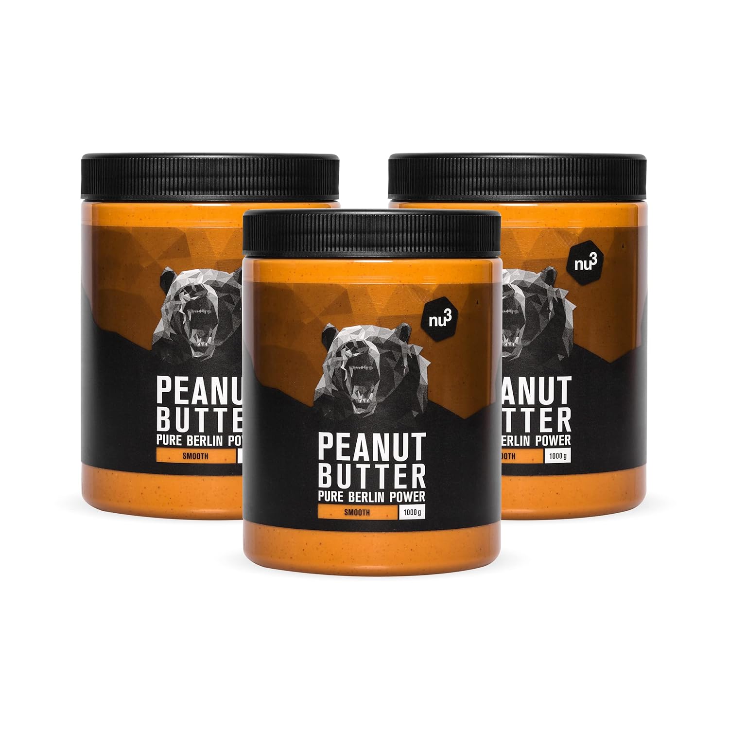 nu3 Vegan Protein Erdnussbutter ohne Zucker (3x1kg, smooth) mit 28g Protein pro 100g Peanut