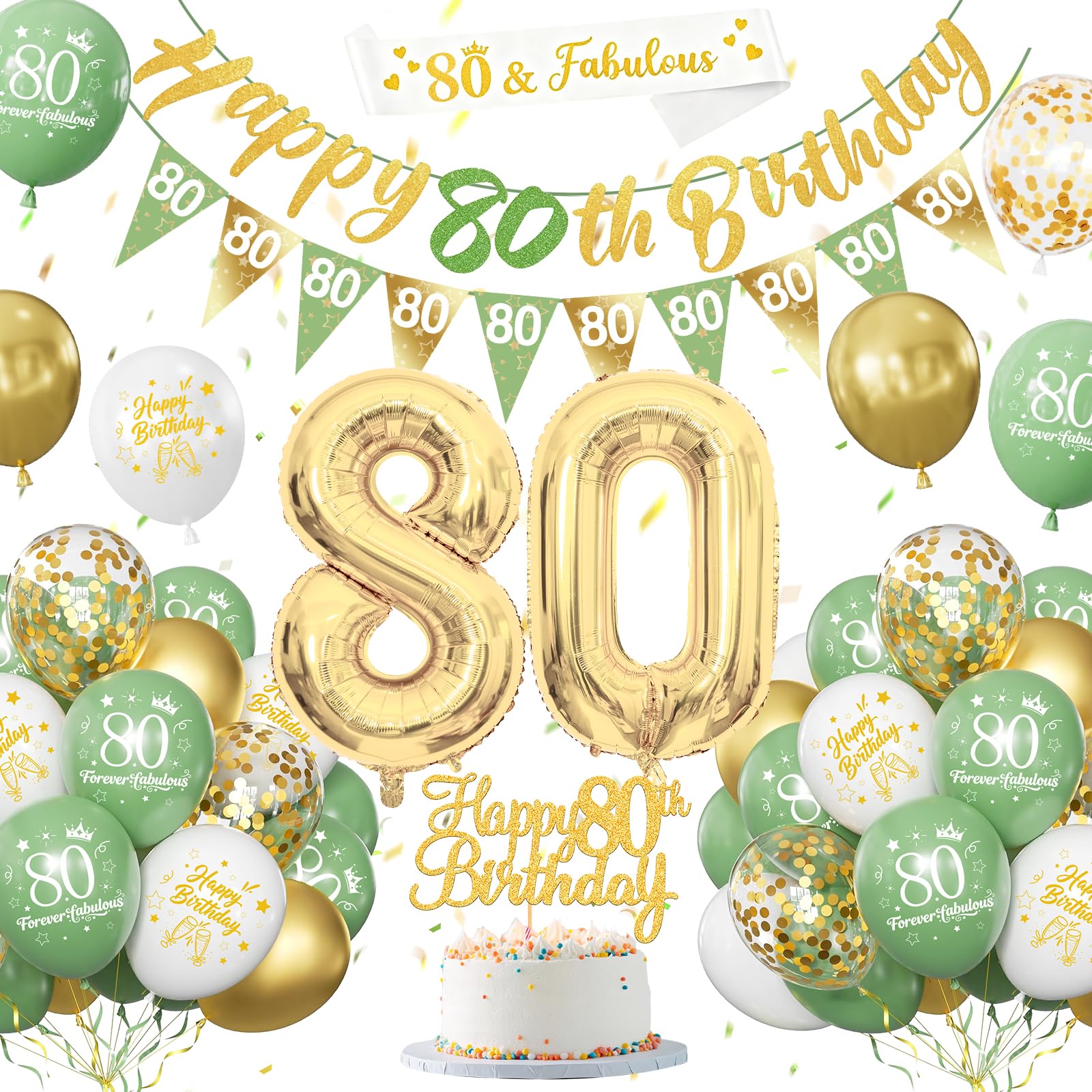 80th Birthday Decorations for Women Men, Sage Green Gold Birthday Decoration with Banners Balloons Cake Topper Sash Triangle Flag for 80th Party Decor