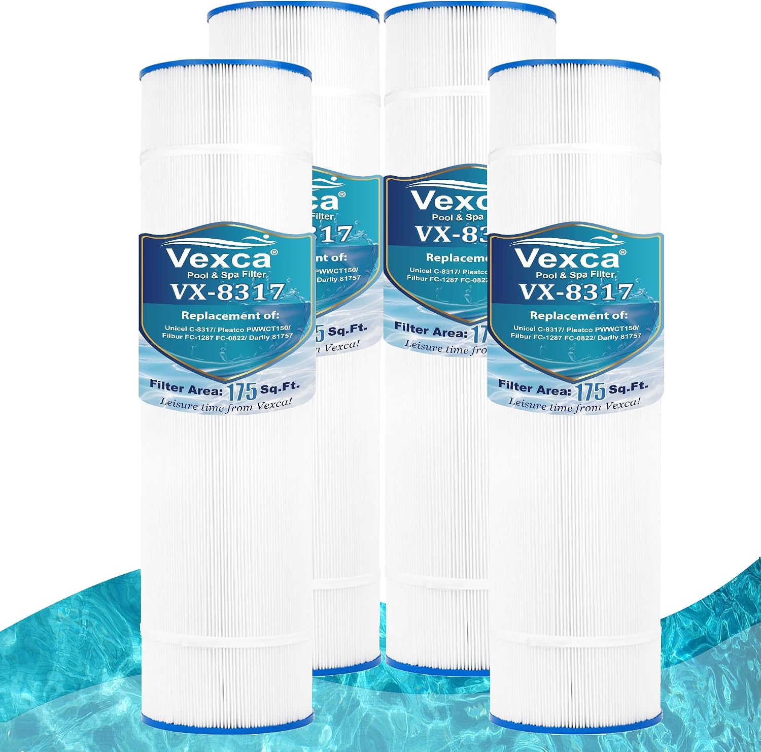 Vexca® PWWCT150 Pool Filter Cartridge Compatible with Unicel C-8414 C-8317, Filbur FC-1287 FC-0822, Jandy CS150, R0462300, Pleatco PXST175, Waterway 817-0075N, Hayward CCX1750RE, 175 Sq.Ft, 4 Pack
