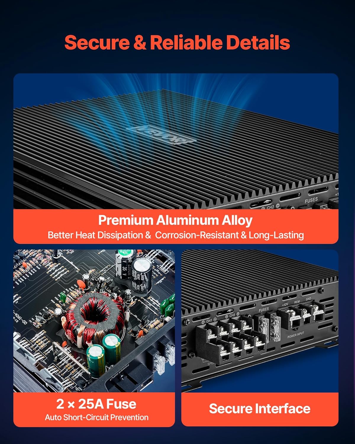 Close-up view of the VEVOR amplifier's internal components, showing the aluminum alloy heat sink, 2x 25A fuses, and secure input/output interfaces.