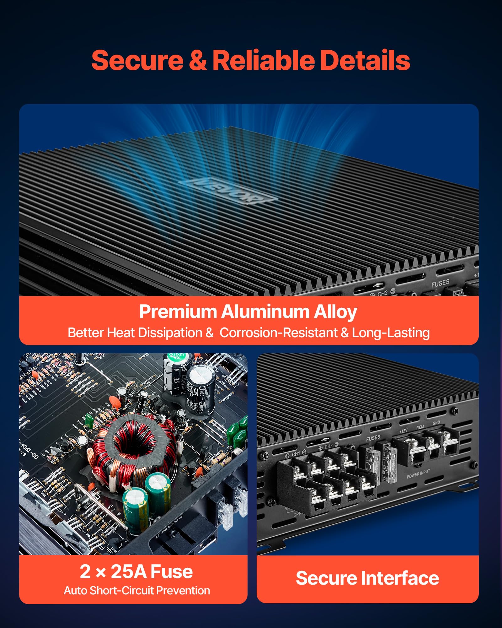 VEVOR Amplificador para Automóvil 4 Canales Clase AB Máximo 4 x 200W a 4 ohmios y 4 x 400W a 2 ohmios, Amplificador Estéreo de Audio para Coche Puenteable para Sedán SUV Vehículo Todoterreno Camioneta