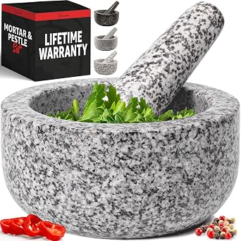 Heavy Duty Large 2 Cup Mortar and Pestle Set, 100% Natural Granite, 6.3 Inch Diameter Bowl, 6.5 Inch Pestle, Non-Slip Base, Stone Grinder for Guacamole Salsa Pesto Herbs Spices, White
