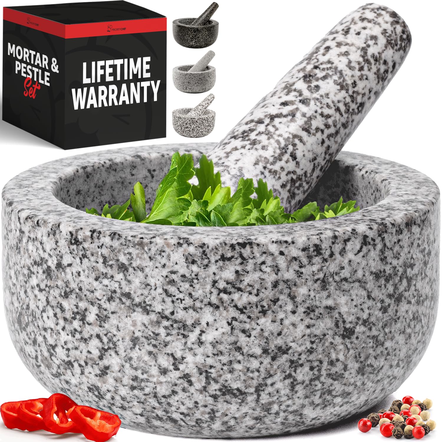 PriorityChef Heavy Duty Natural Granite Mortar and Pestle Set, Hand Carved, Make Fresh Guacamole, Salsa, Pesto, Stone Grinder Bowl, Herb Crusher, Spice Grinder, 1.5 Cup Size, White