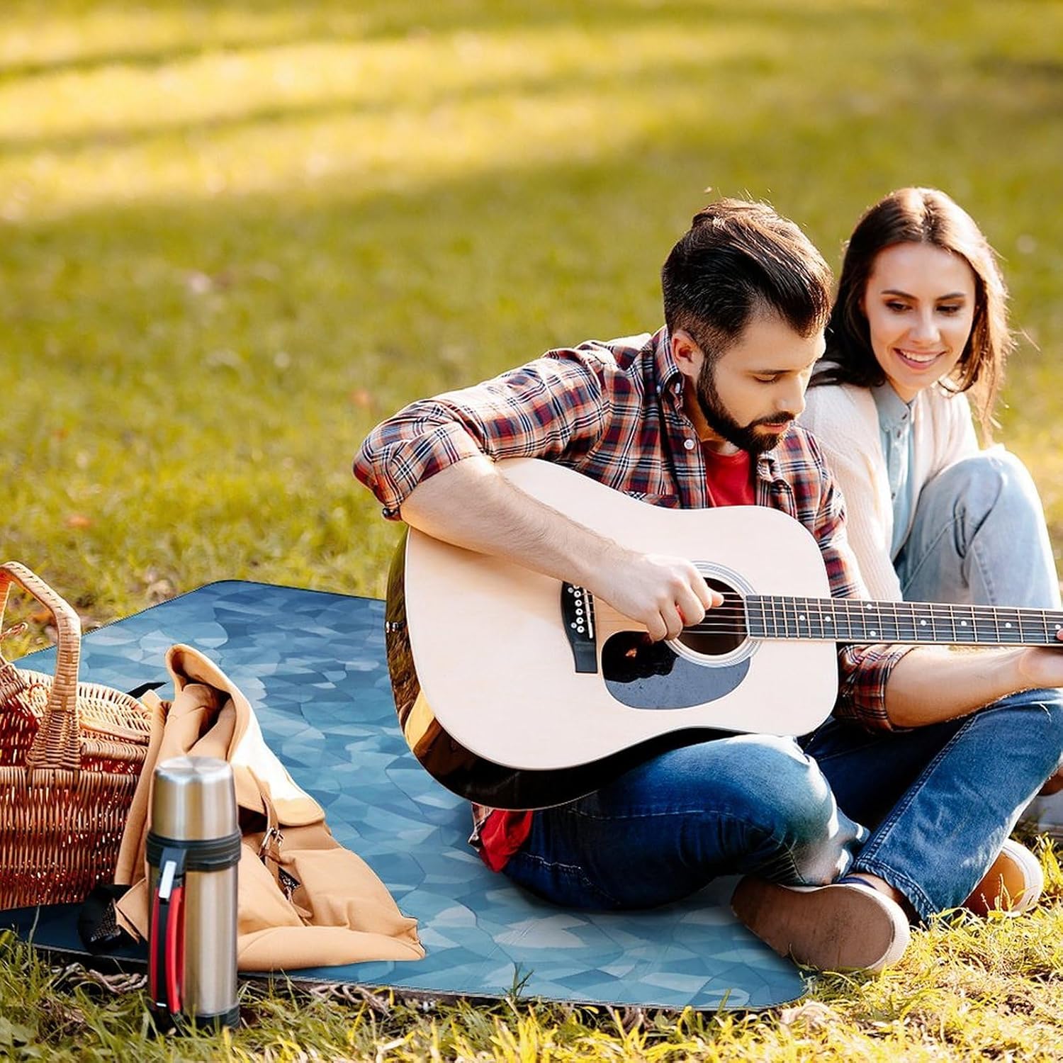 Abstract Color Blue Waterproof Picnic Blanket 58.3''x58.3'',Portable and Foldable Picnic Mat with Handle,Outdoor Blankets for Lawn Park Beach Travel
