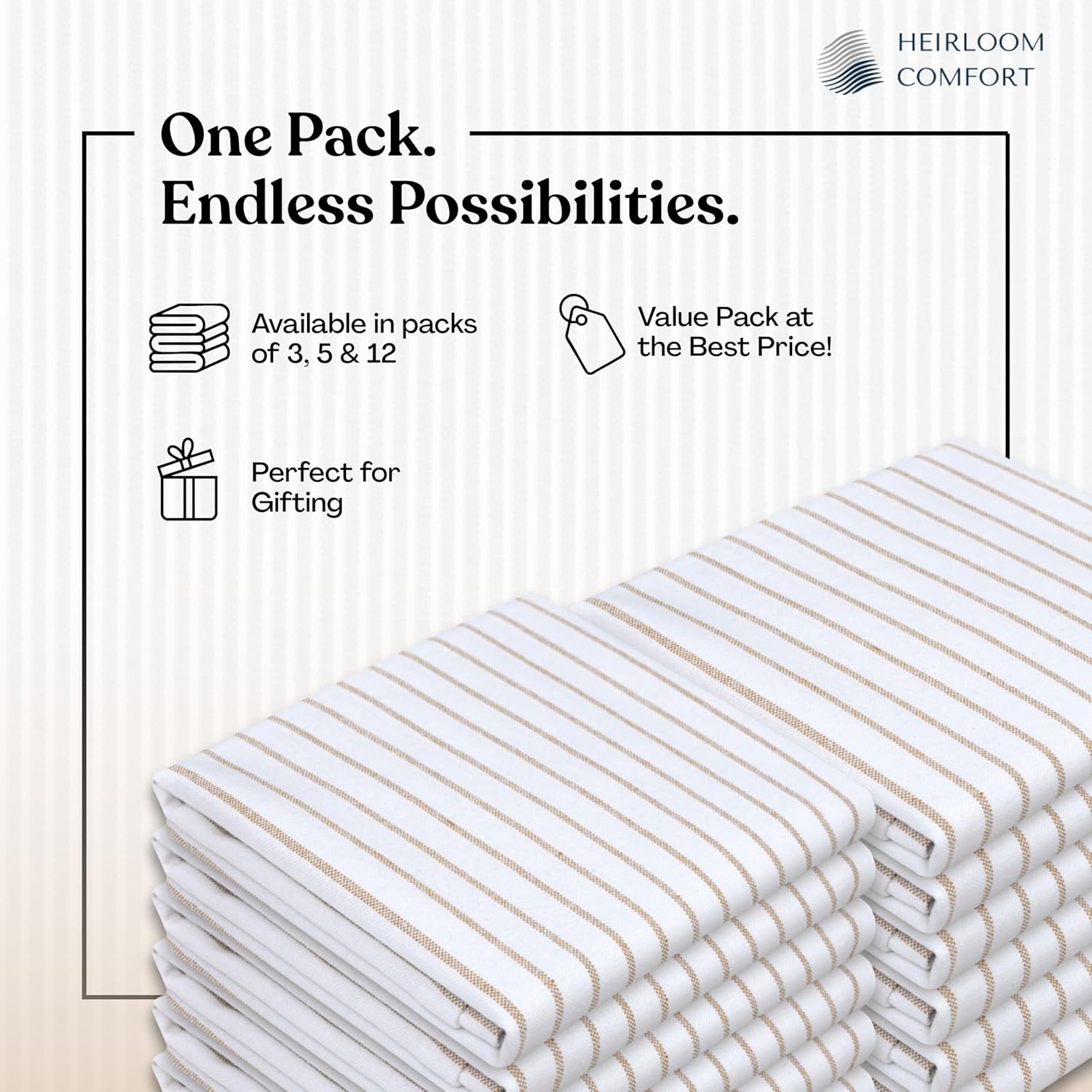 Beige Stripe Kitchen Towels, 12 Pack, 100% Cotton, Super Absorbent and Quick Dry, Classic Striped Towel Set, Durable Dish Cloths for Kitchen Use, Cleaning & Drying Dishes