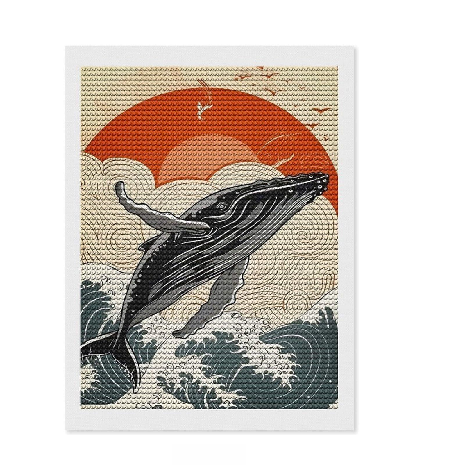 Junmoney Whale Breaching Ocean Round Drill Diamond Painting 12"x16", with Tool Kit, Easy to Follow Symbols, Farmhouse Decor, for Craft Lovers
