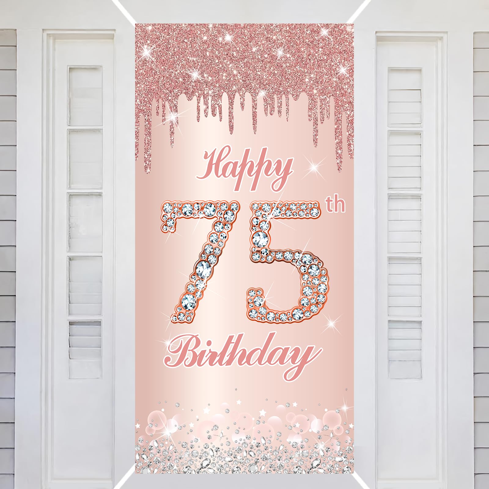 75th Happy Birthday Decorations Door Banner Pink Rose Birthday Banner for Party Backdrop for Women Door Cover Party Decoration Supplies Poster — image 1