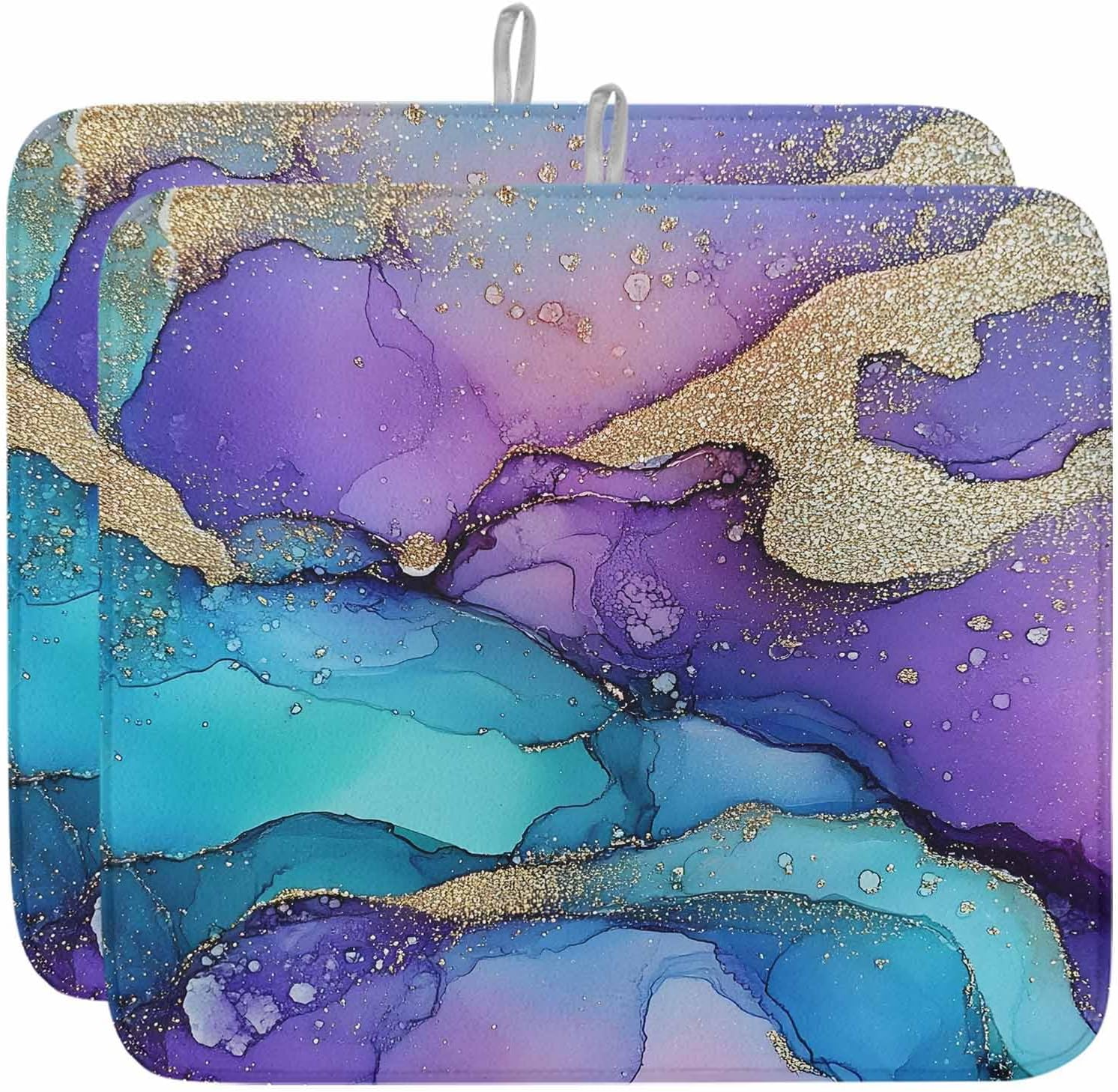 Dish Drying Mat Set of 2 Abstract Marble Texture Microfiber Absorbent Reusable Washable Dish Drying Rack Mat Ombre Purple Gold Coffee Mat for Coffee Maker Bar Kitchen Countertops 16x18inch