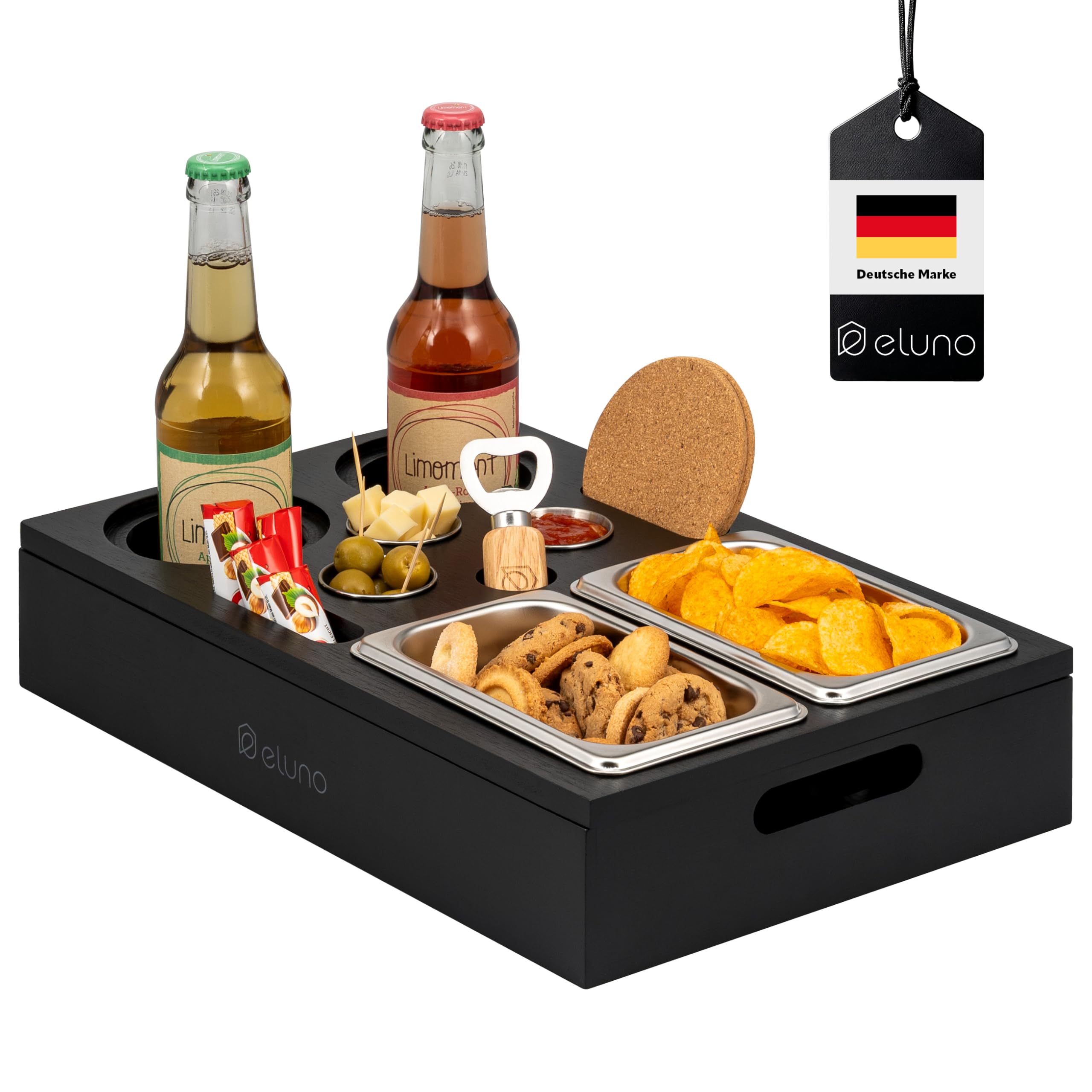 eluno Couchbar mit abnehmbarem, magnetischem Deckel, Serviertablett, inklusive 2 Snackschalen, 3 Dipschälchen, 2 Getränkehalter mit Korkuntersetzer,1 Flaschenöffner aus Bambus (Schwarz)