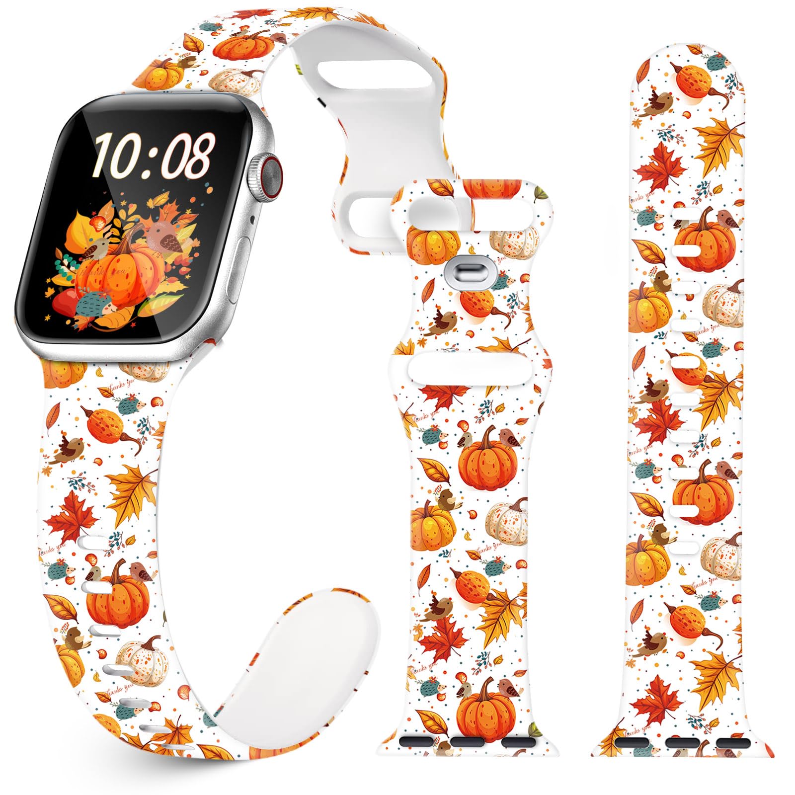 Christmas Fall Halloween Watch Band for Apple Watch, Silicone Holiday Hello Autumn Printed Strap Replacement for iWatch 1 2 3 4 5 6 7 8 9 10 Ultra