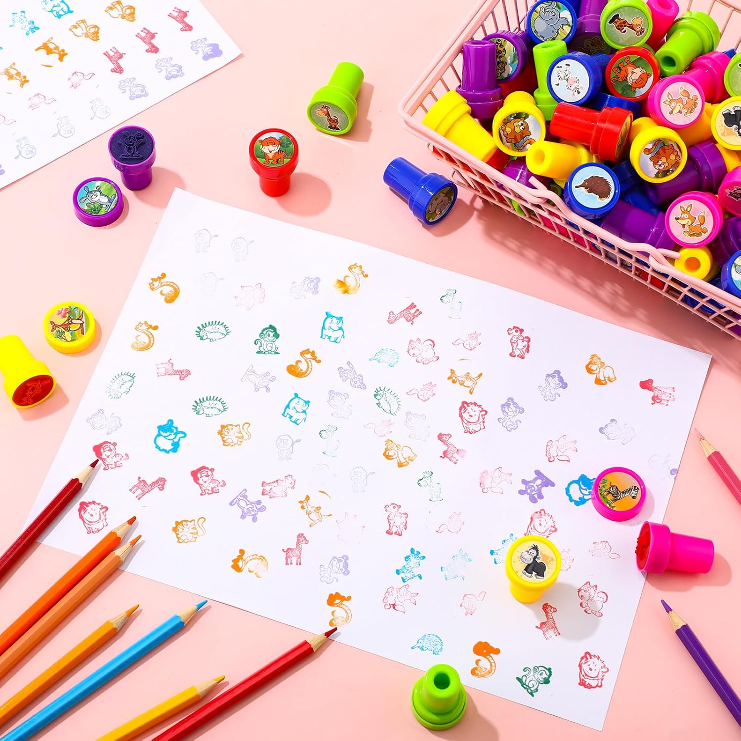 Kosiz 200 Pcs Assorted Stamps for Kids Bulk Teacher Self Ink Kids Assorted Stamps for Birthday Gifts Party Favors Supplies Game Prizes(Wildlife Style)
