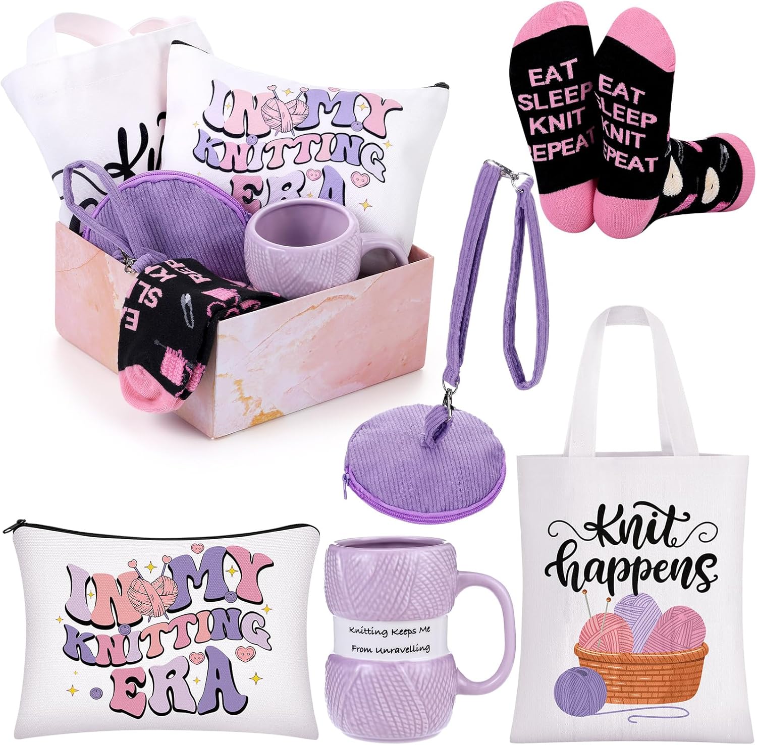 Amylove 6 Pcs Knitting Gifts for Knitters Mother's Day Novelty Knitting Canvas Tote Bag Cosmetic Pouch Coffee Mug Crew Socks Portable Wrist Yarn Ball Holder Set Crochet Lover Gifts for Crocheters