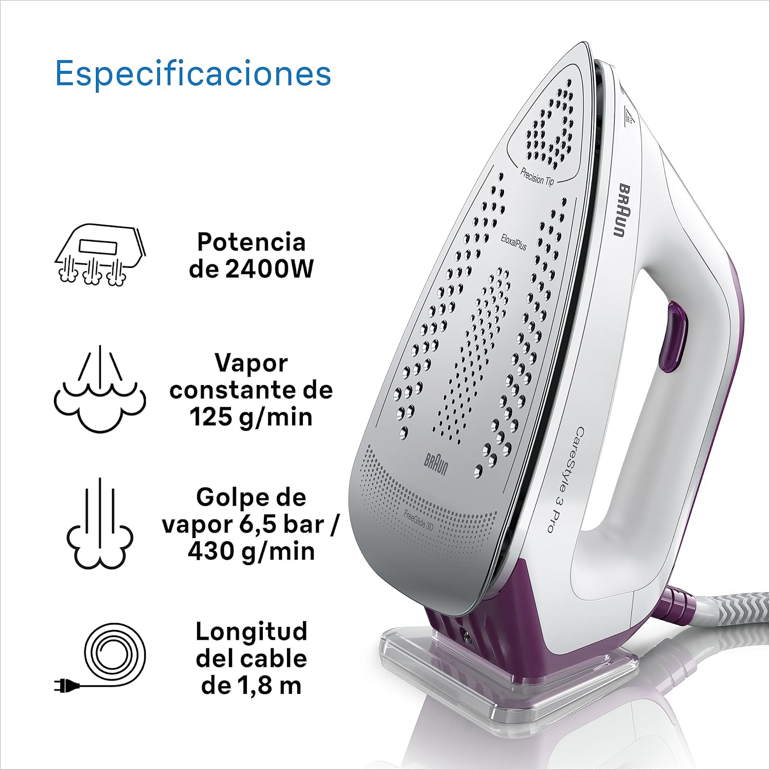 Braun CareStyle 3 Pro specifications: 2400W power, 125g/min continuous steam, 430g/min steam shot, 1.8m cable