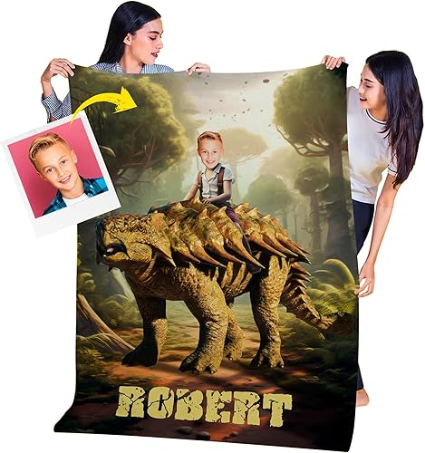 Vista 41 de Manta personalizada de dinosaurio, manta personalizada de dinosaurio para niños, regalo de foto personalizado para él, manta Minky de 50 x 60