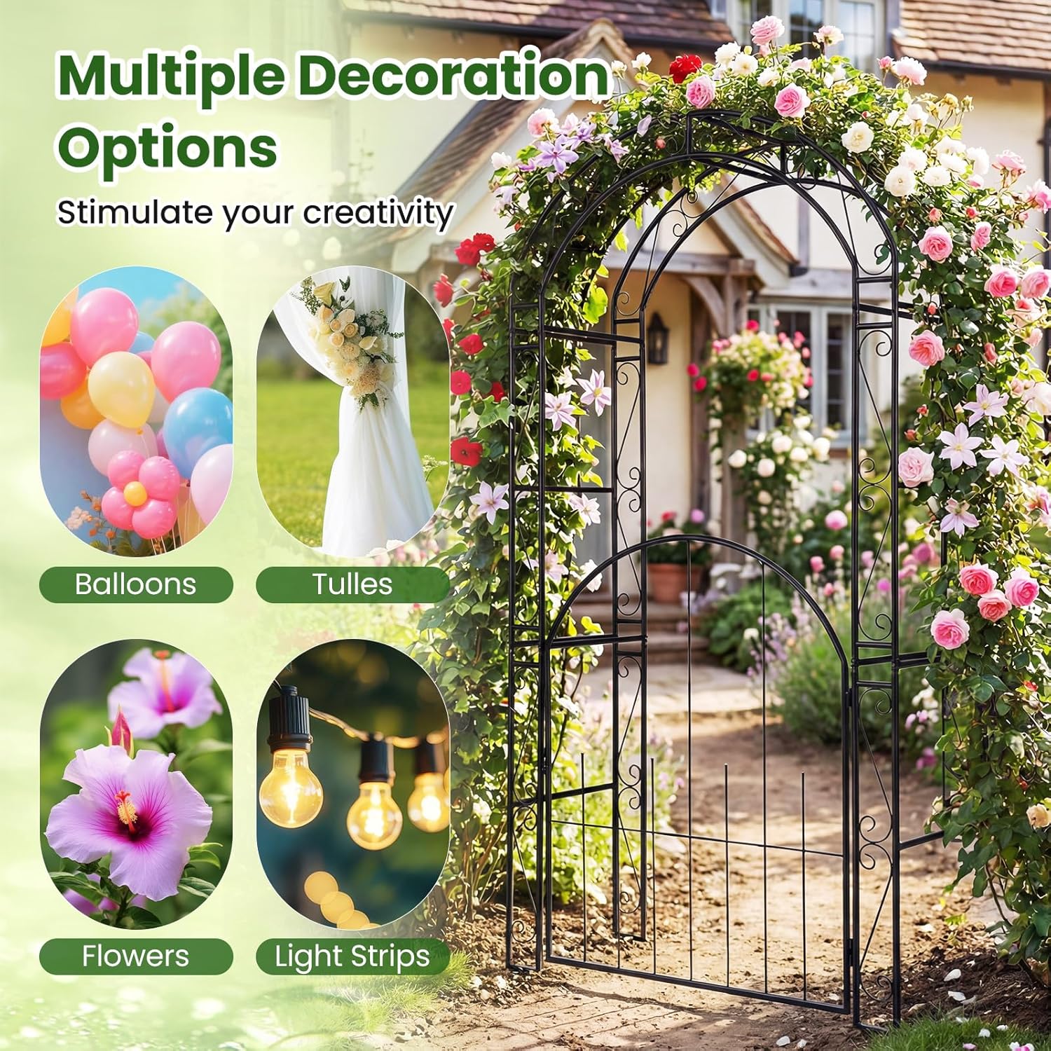 Giantex 84'' Garden Arbor with Gate, Heavy-Duty Metal Arch Trellis for Climbing Plants Vines Roses, Wedding Archway for Ceremony, Pathway & Outdoor Decoration, Patio Pergola for Backyard Lawn