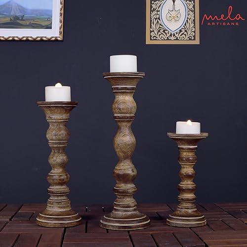 Miniatura 5 de Portavelas "Willow" para velas de pilar (quemado medio, juego de 3), soporte de vela de madera de mango, portavelas de madera de granja, decoración