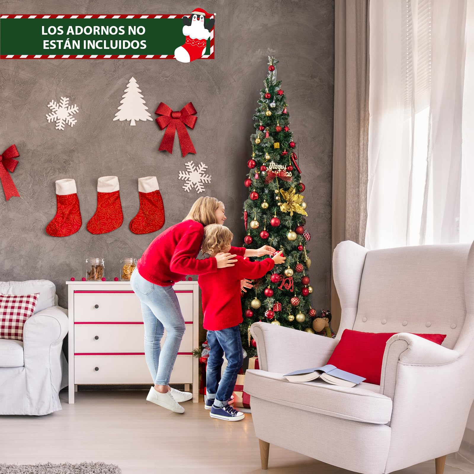 COSTWAY Medio Árbol de Navidad Slim/Estrecho con Luces 210cm, Arboles de Navidad Delgado, 403 Ramas PVC, Arbol de Navidad con Luces Incorporadas 150 Luces LED，Arvore de Natal Casa/Oficina