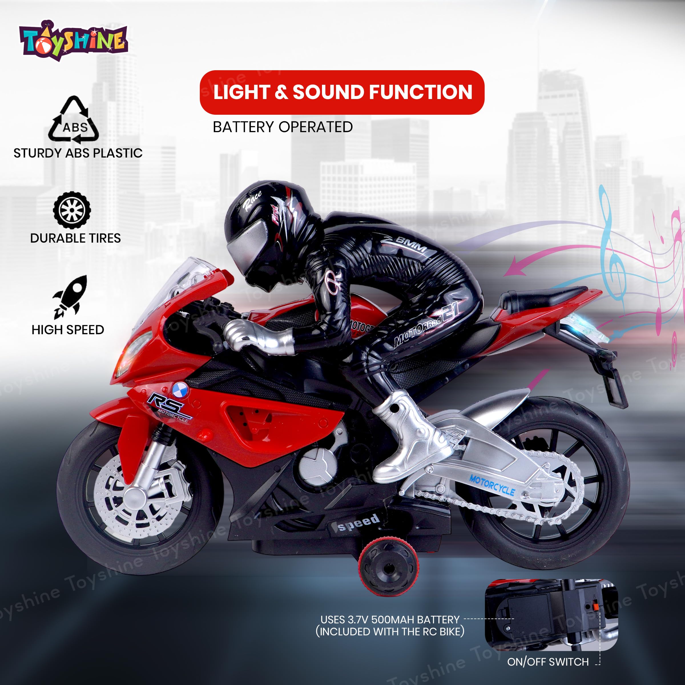 Toyshine 1:20 Scale Remote Control Rechargeable 360° Spinning Action Racing Motorbike Toy with Light & Sound Function for Boys Girls 4+, Red - Image 3 thumbnail