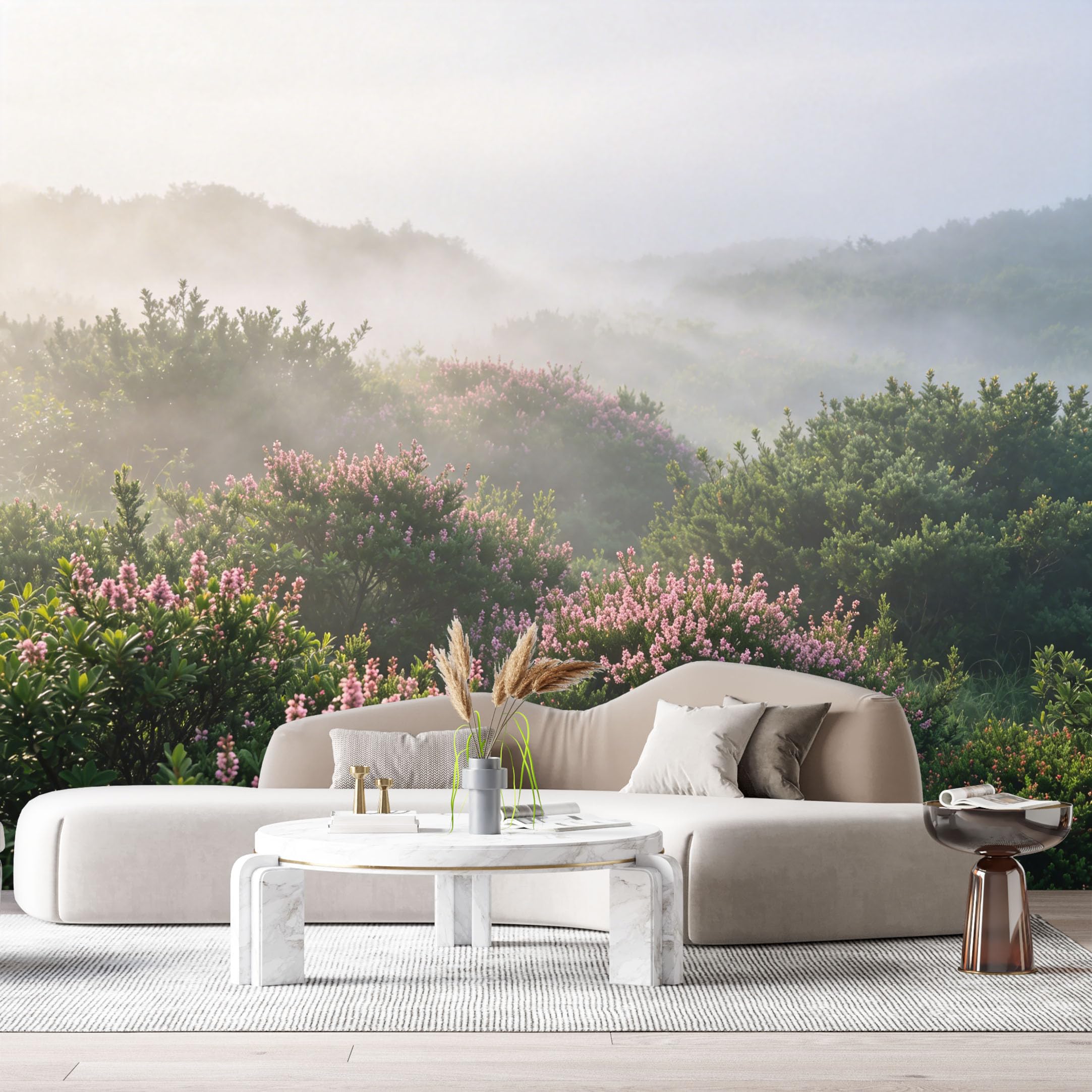 Custom Size Wall Murals Misty Forest Landscape Botanical Pink Flowers Morning Fog SelfAdhesive Wall Fabric Removable Large Wallpaper for Photo Living Room