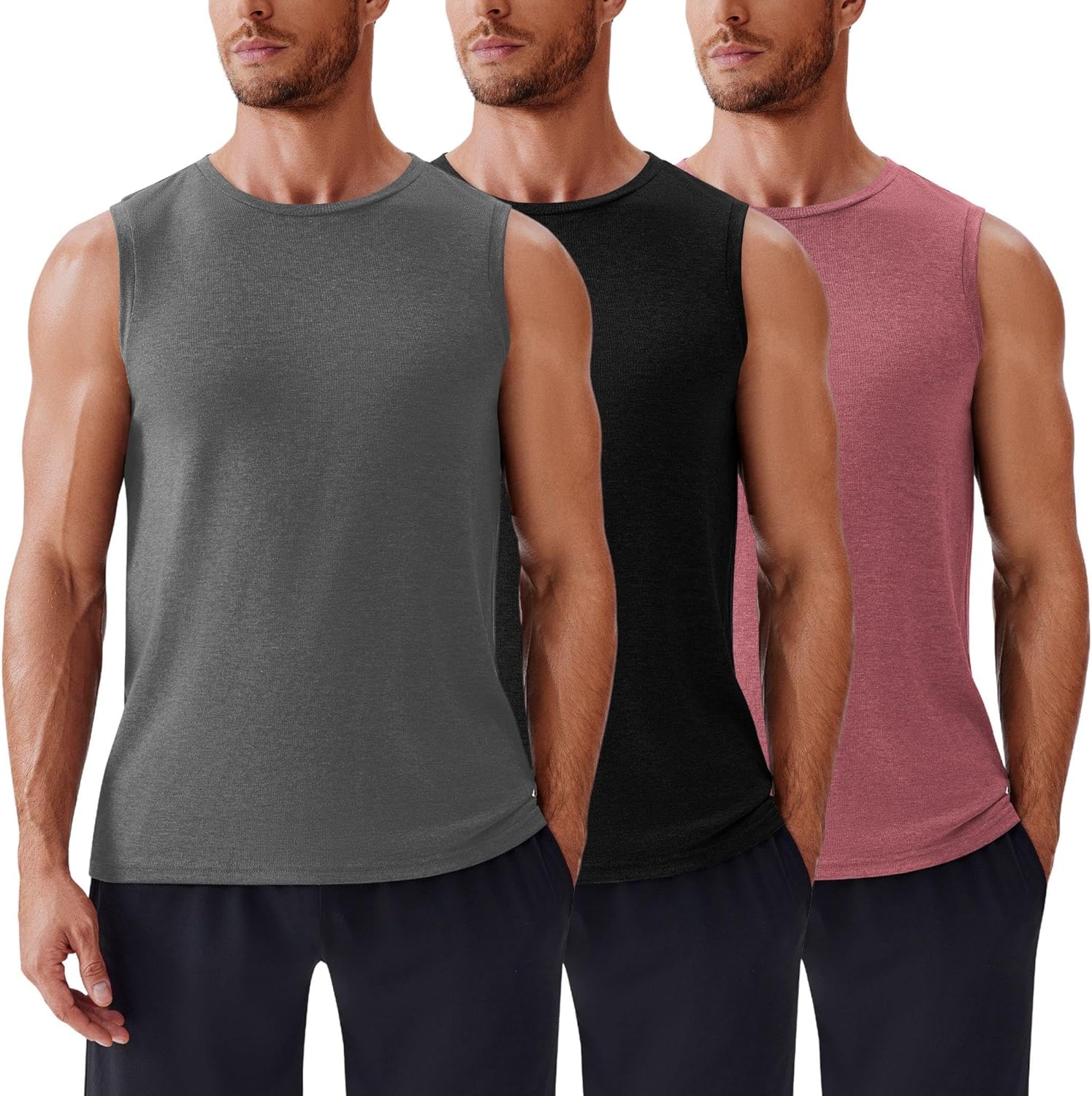 PINSPARK Men's 3 Pack Workout Tank Tops Gym Sleeveless Shirts Quick Dry Training Muscle Shirts for Men