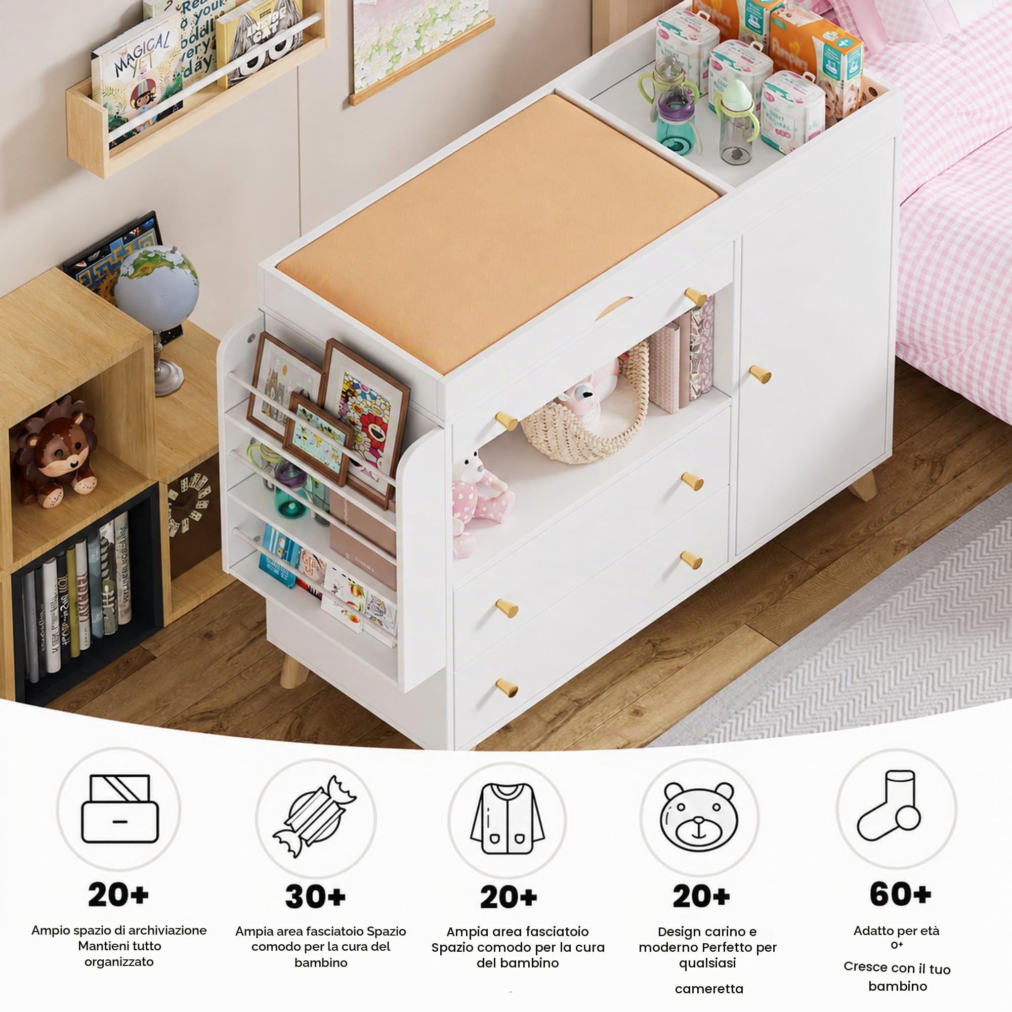 Fasciatoio con Divisorio Rimovibile, Cassettiera per Bambini con 3 Cassetti, Fasciatoios Cassetton, Mobile Fasciatoio per Bambini,110 x 100 x 40 cm, fino a 100KG, Non include il cuscino,Grande Capacit