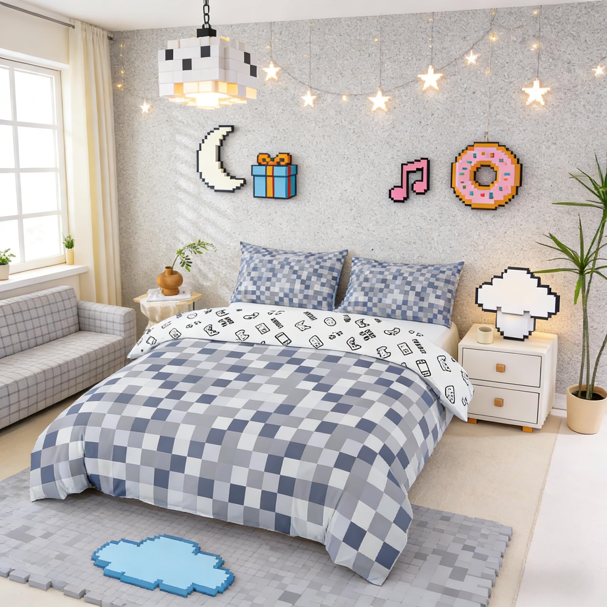 Manfei Pixel Grid Style Bedding Set Super King Size,Modern Aesthetic Duvet Cover Set for Adults Women Bedroom Decor,Geometric Grid Video Games Bedding Collection,Grey 3 Pcs Quilt Cover,No Comforter — image 1