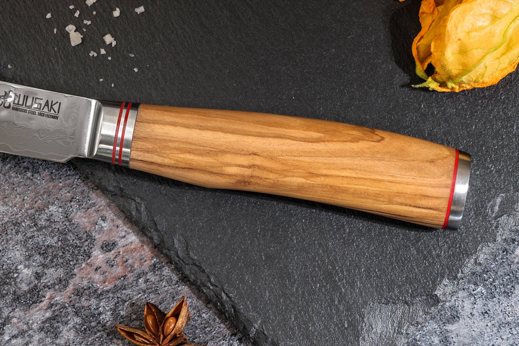 Wusaki Damas 10Cr Coffret de 3 Couteaux de Cuisine : Chef + Universel + Office avec Lames Damas et Manches en Bois d'Olivier – Boîte idéale à offrir