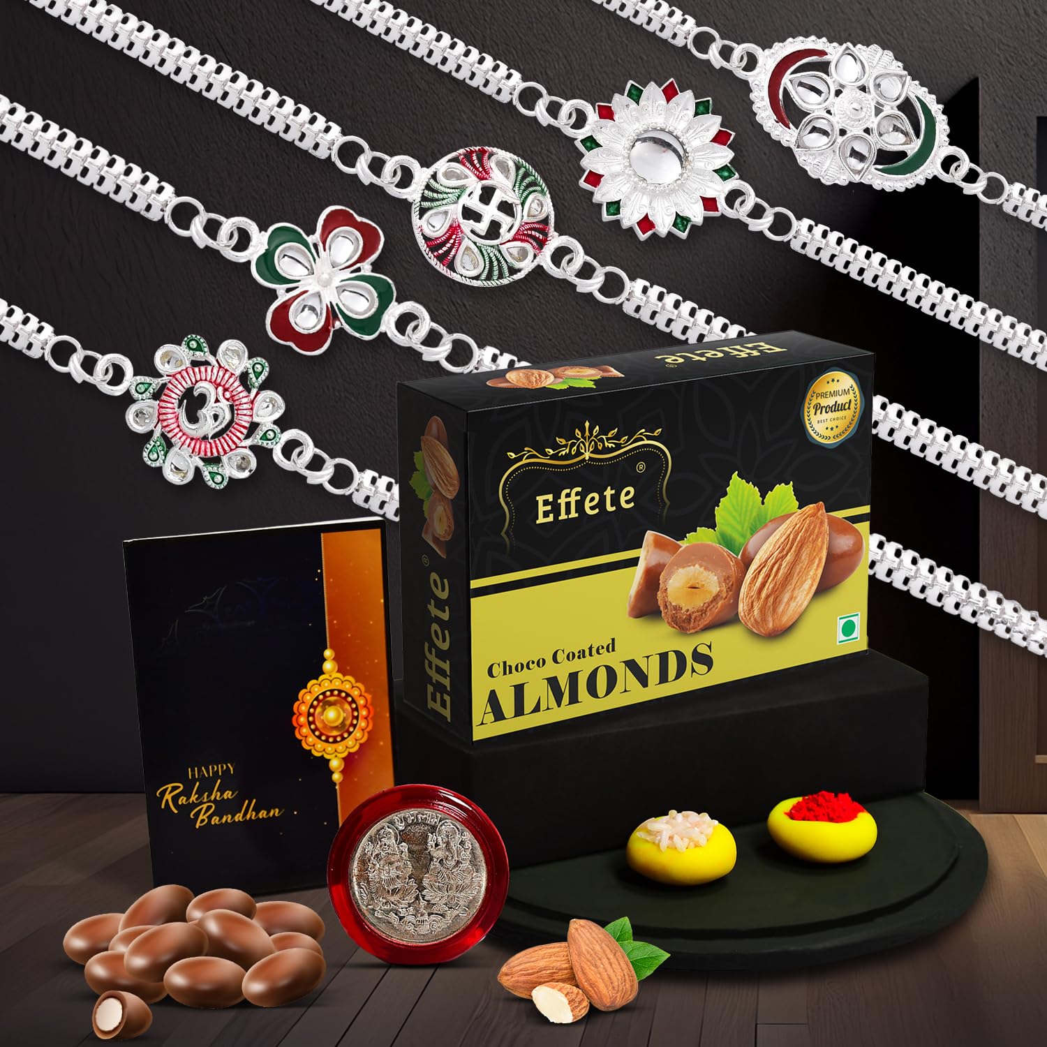Vacalvers Deodap Multicolor Bracelet/ Rakhi (K5_Nc46_Ca32) & Effete Chocolate Almonds Silver Color Pooja Coin, Roli Chawal & Greeting Card, Occasion, Set Of 5 Rakhi, Rakhi Chocolate Gift Combo (B099ZTSSSK) Amazon Price History, Amazon Price Tracker