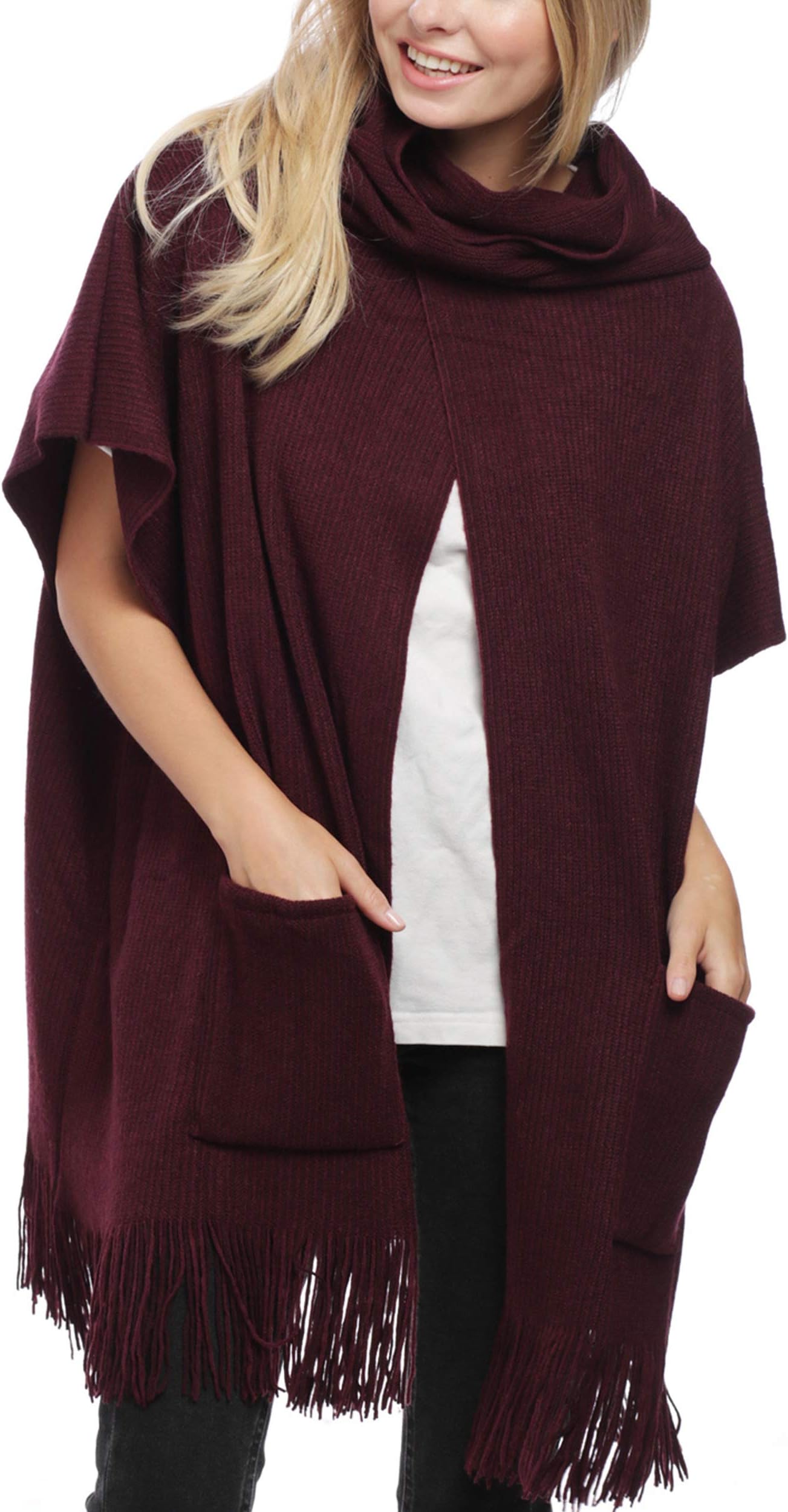 Women's Collection Oversized Turtleneck Knitted Open Poncho with Fringes.