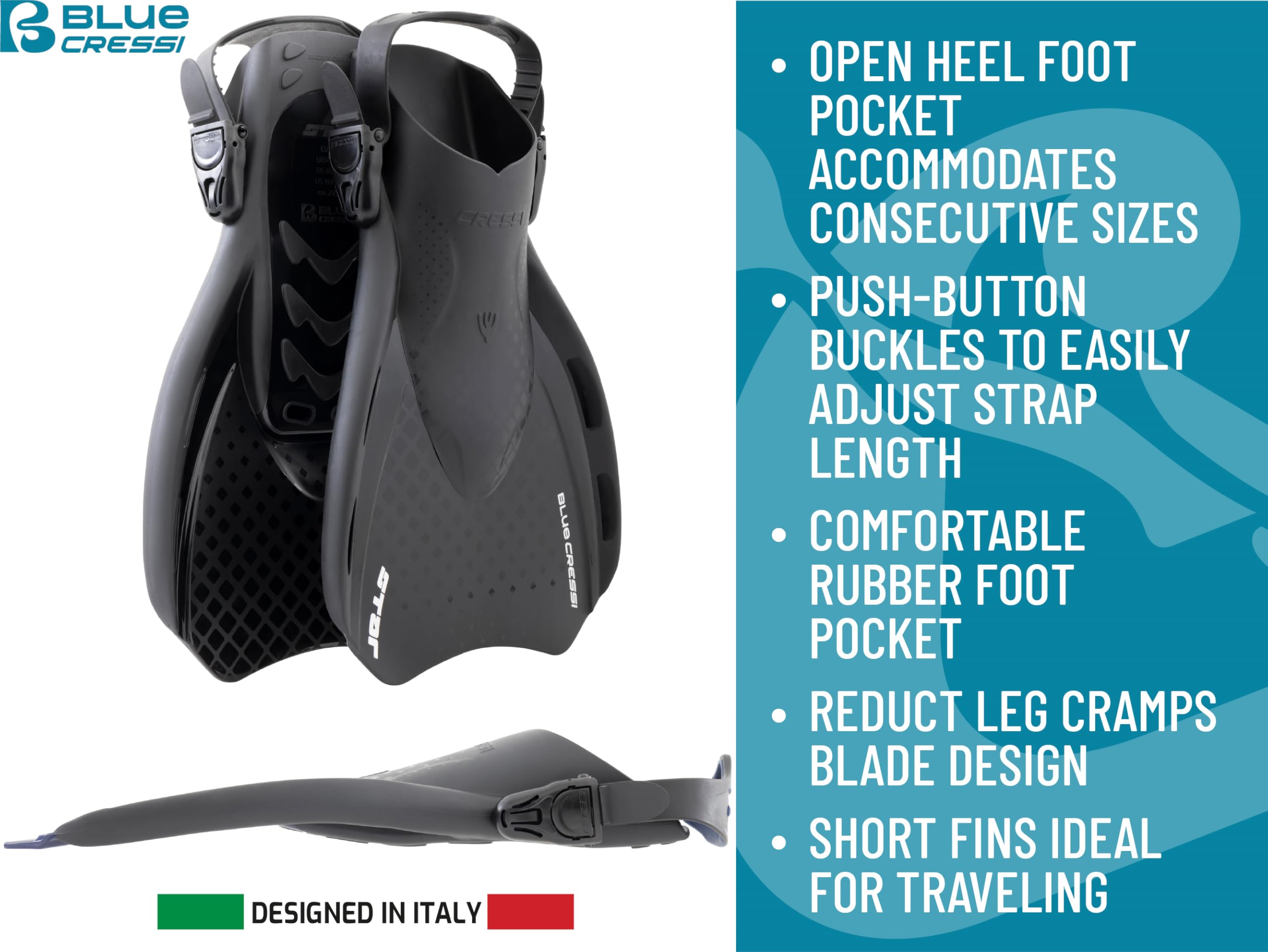 CRESSI dal 1946 - Star Fins - Pinne Compatte Regolabili con Potente Pala Ventilata e Comoda Scarpetta a Tallone Aperto ideali per Nuoto Snorkeling Viaggi - Adulti