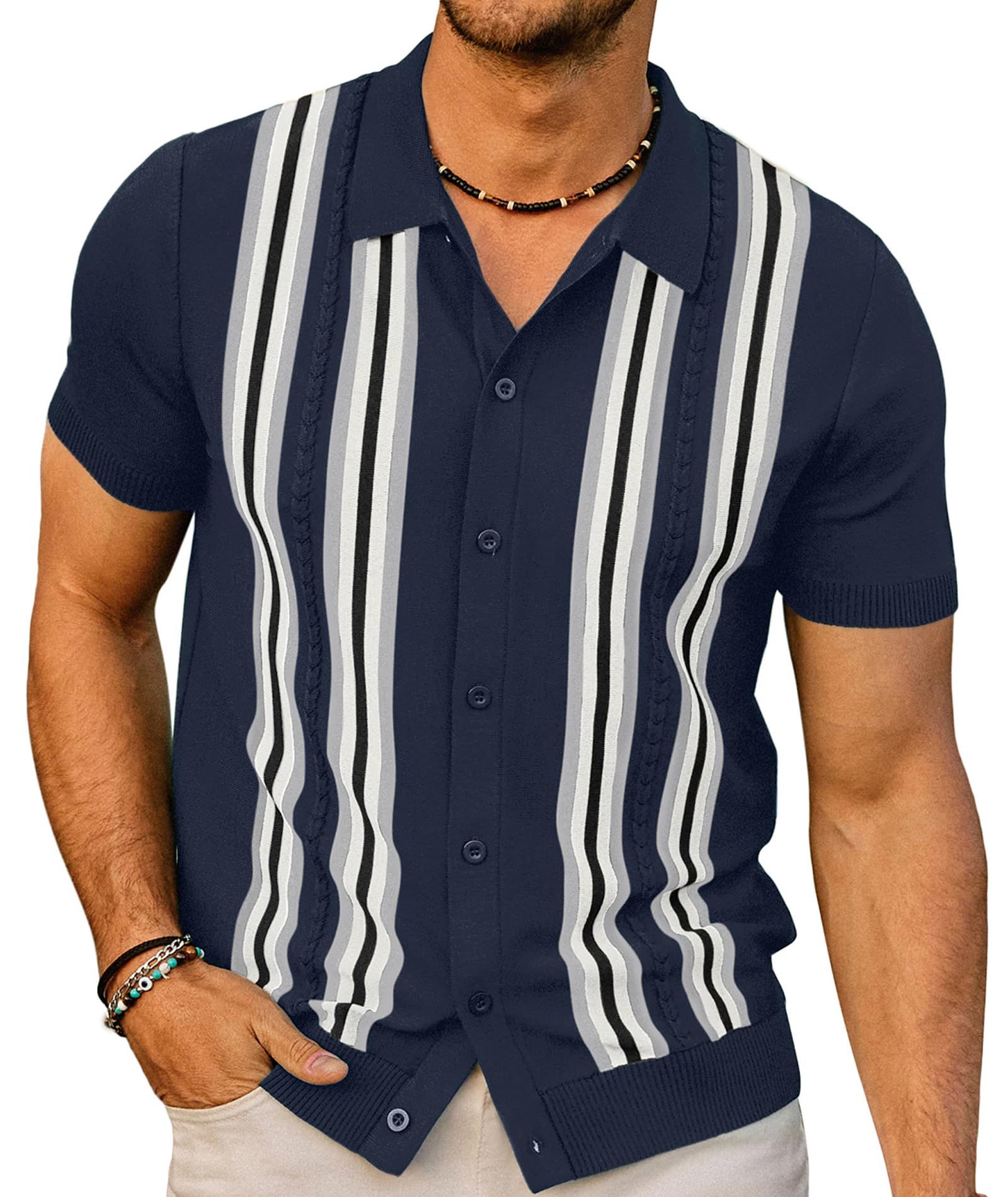 PJ PAUL JONES Mens Polo Shirts Vintage Striped Button Down Knitted Golf Shirts