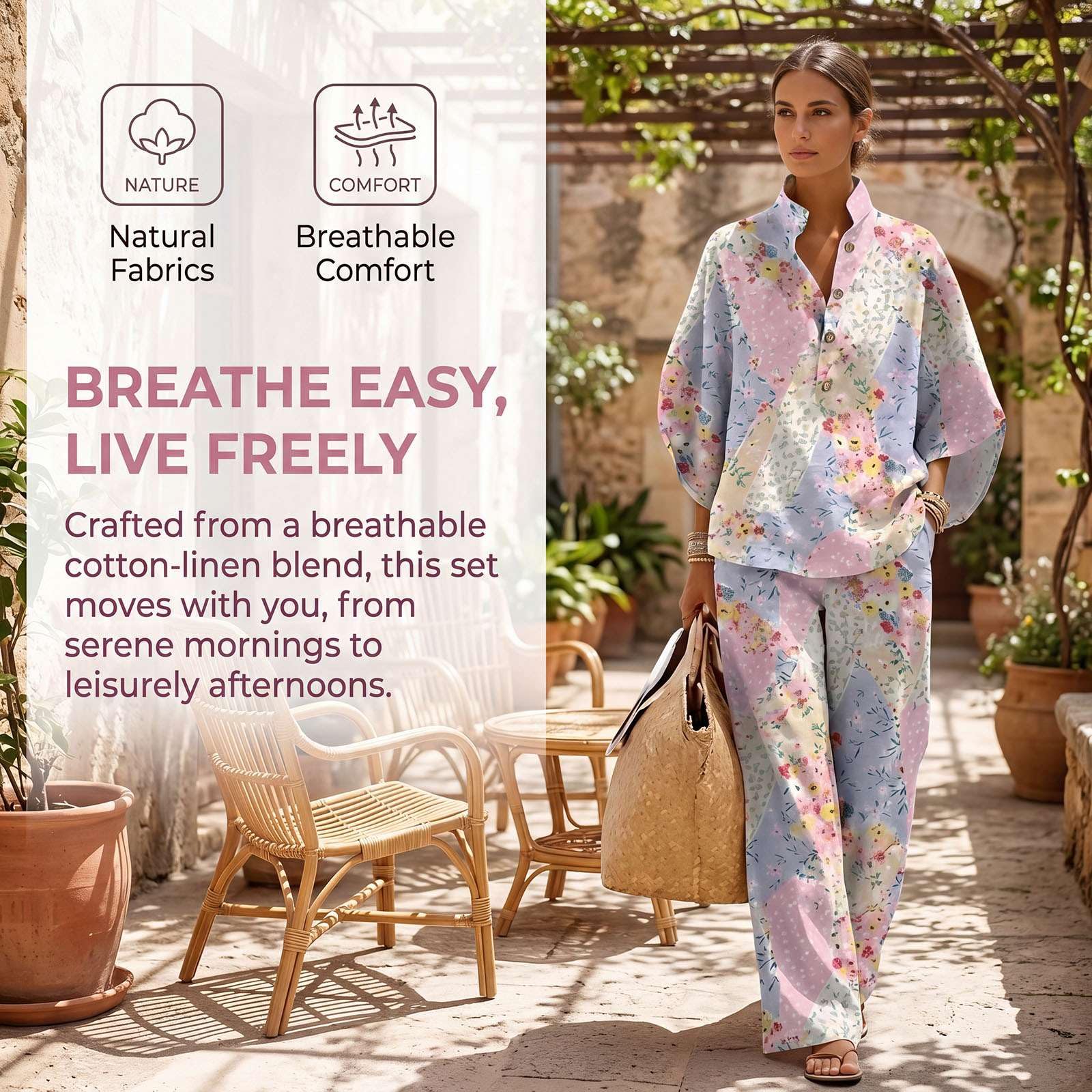 Générique Ensemble Femme Été 2 Pièces Lin Coton Imprimé Floral Chic Boho Tailleur Pantalon Jambe Large Tunique Manches Longues Décontracté Élégant Vacances Plage Jumpsuit Fluide Léger