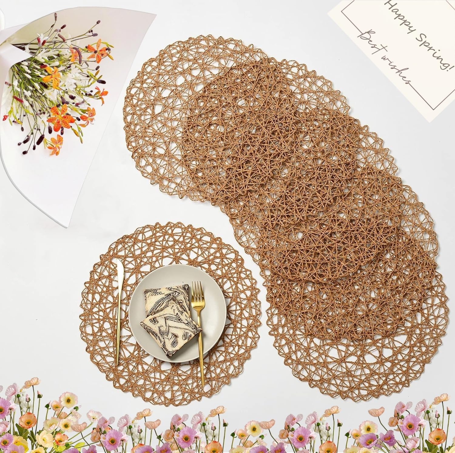 IcosaMro Brown Round Placemats Set of 12 for Dining Table, 13 Inches Paper Woven Boho Small Decorative Circle Place Mat for Wedding Christmas Thanksgiving Day Holiday Dinner, Light Coffee Brown