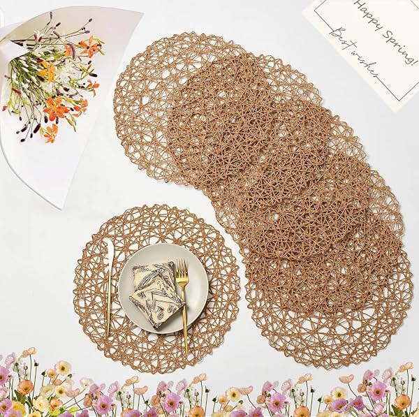 IcosaMro Juego de 12 Individuales Redondos Marrones para Mesa de Comedor, Individuales Decorativos Redondos Pequeños de Papel Tejido de 13 Pulgadas para Cena de Boda Navidad Acción de Gracias, Marrón Café Claro