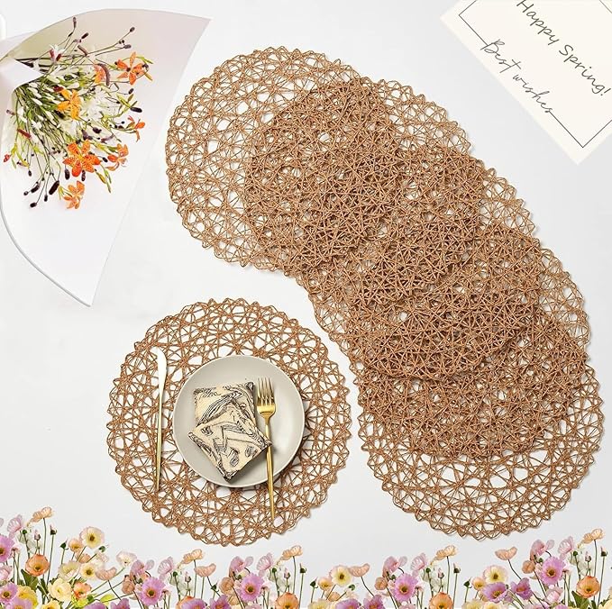 IcosaMro Brown Round Placemats Set of 6 for Dining Table, 15 Inch Paper Woven Boho Decorative Circle Place Mat for Wedding Christmas Thanksgiving Day Holiday Dinner, Light Coffee Brown
