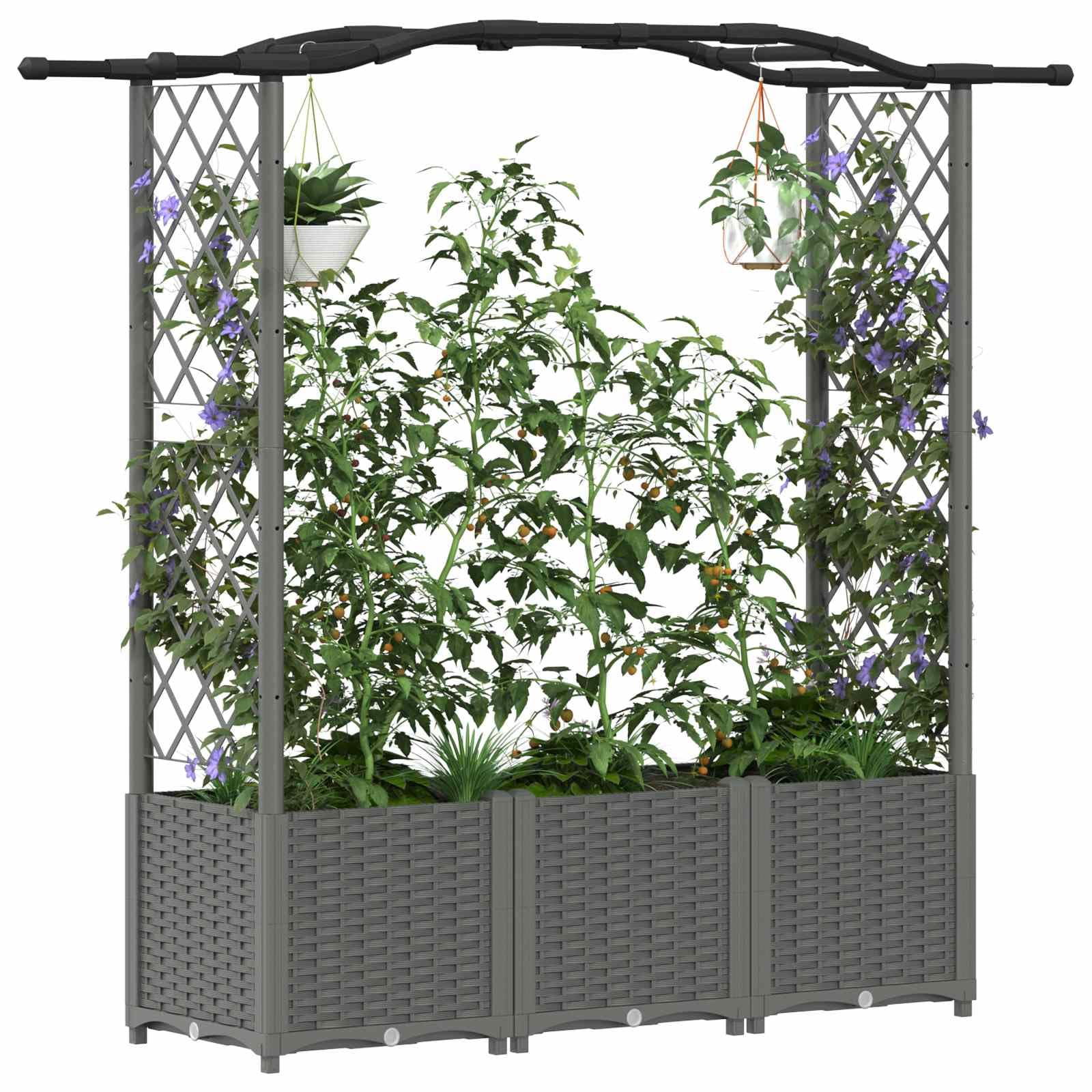 Jardinera con enrejado y techo, maceta de polipropileno gris claro, 164 x 40 x 138 cm, resistente a la intemperie para terraza y balcón, con orificio de drenaje y almacenamiento de agua para