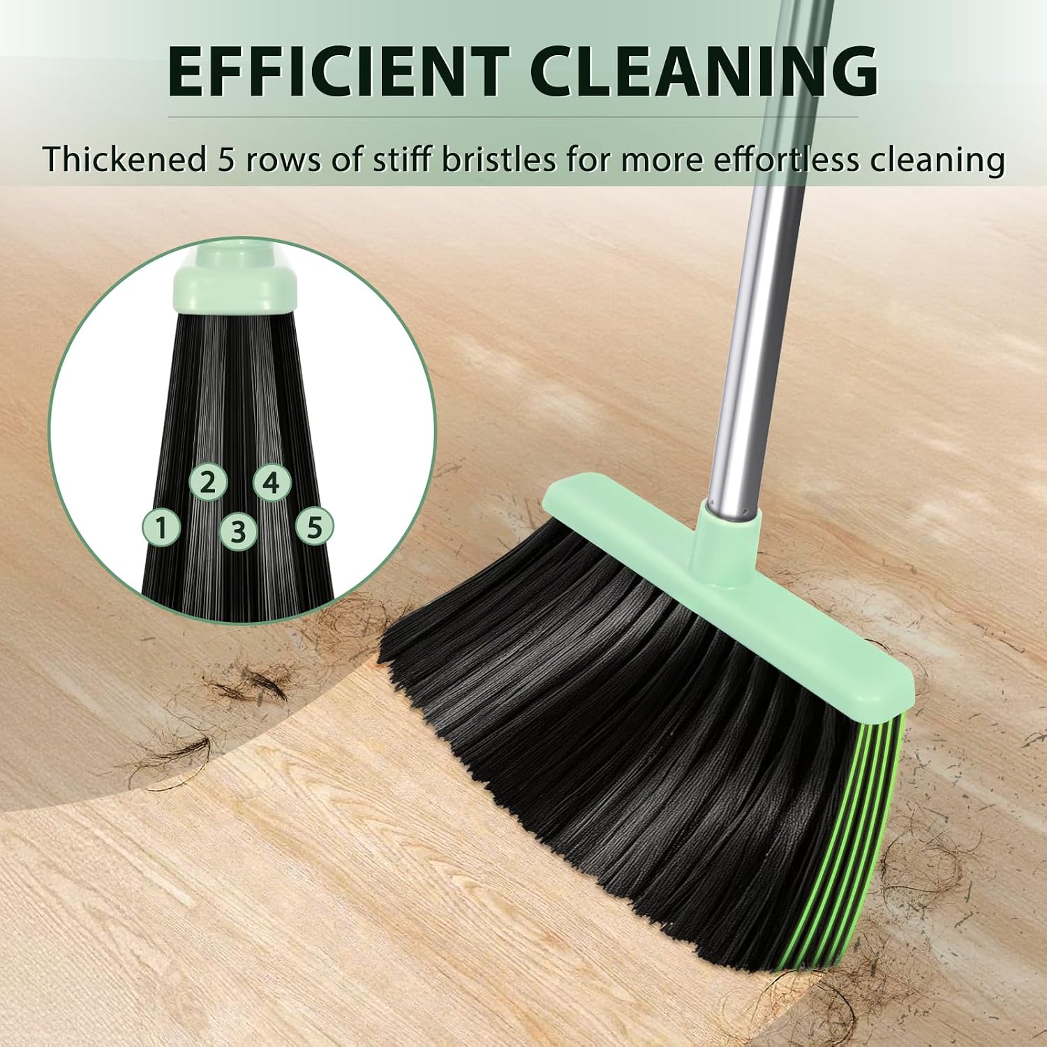 YZO Broom and Dustpan Set, 54.33 Inch Long Handle Standing Design, Dustpan Front Rubber Tight Seal, Broom with 5 Layer Bristles, Suitable for Living Room, Bedroom, Yard, Office and Apartment(Green)