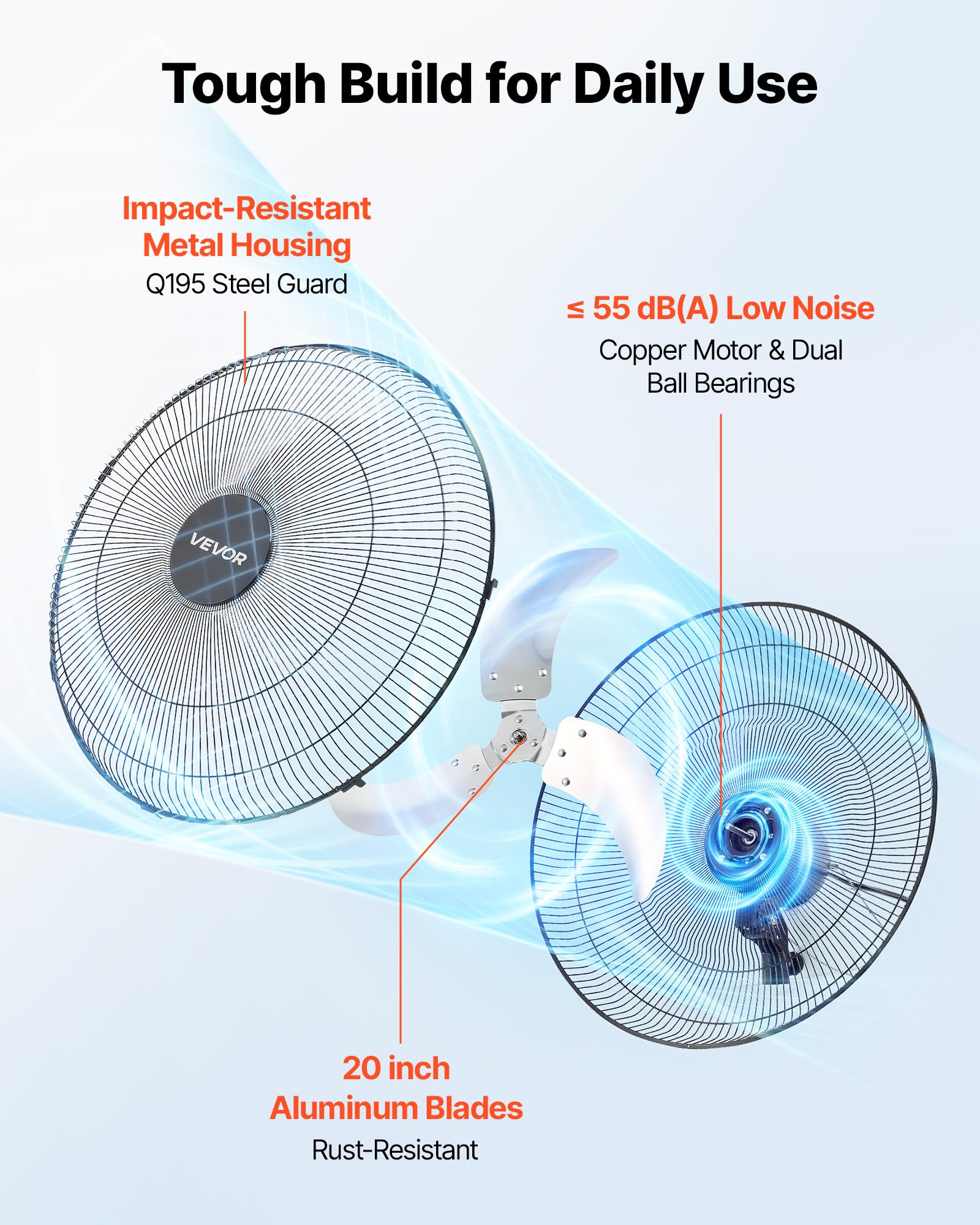 VEVOR Ventilateur Mural Industriel 50 cm, Ventilateur Oscillant pour Atelier, Garage, Entrepôt et Salle de Sport, 3 Vitesses, Oscillation Automatique, Angle Réglable, Pales en Alu, Grille en Acier