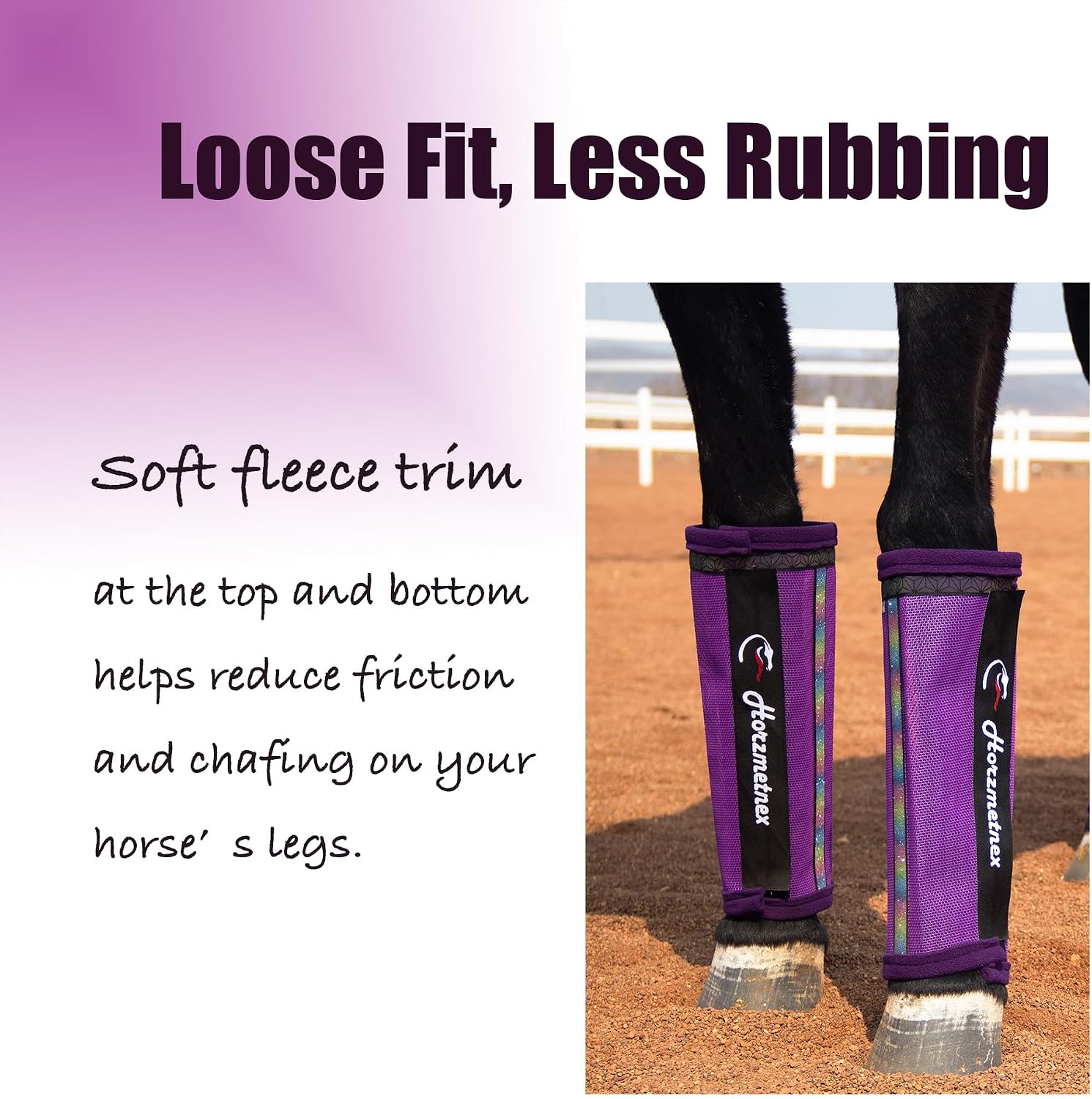 Loose-Fitting Horse Fly Boots, Durable Fine Mesh Leggings with Reinforced Support Bar Stitching & Reflective Strips – Breathable Turnout Leg Coverage, Set of 4(Purple Medium)