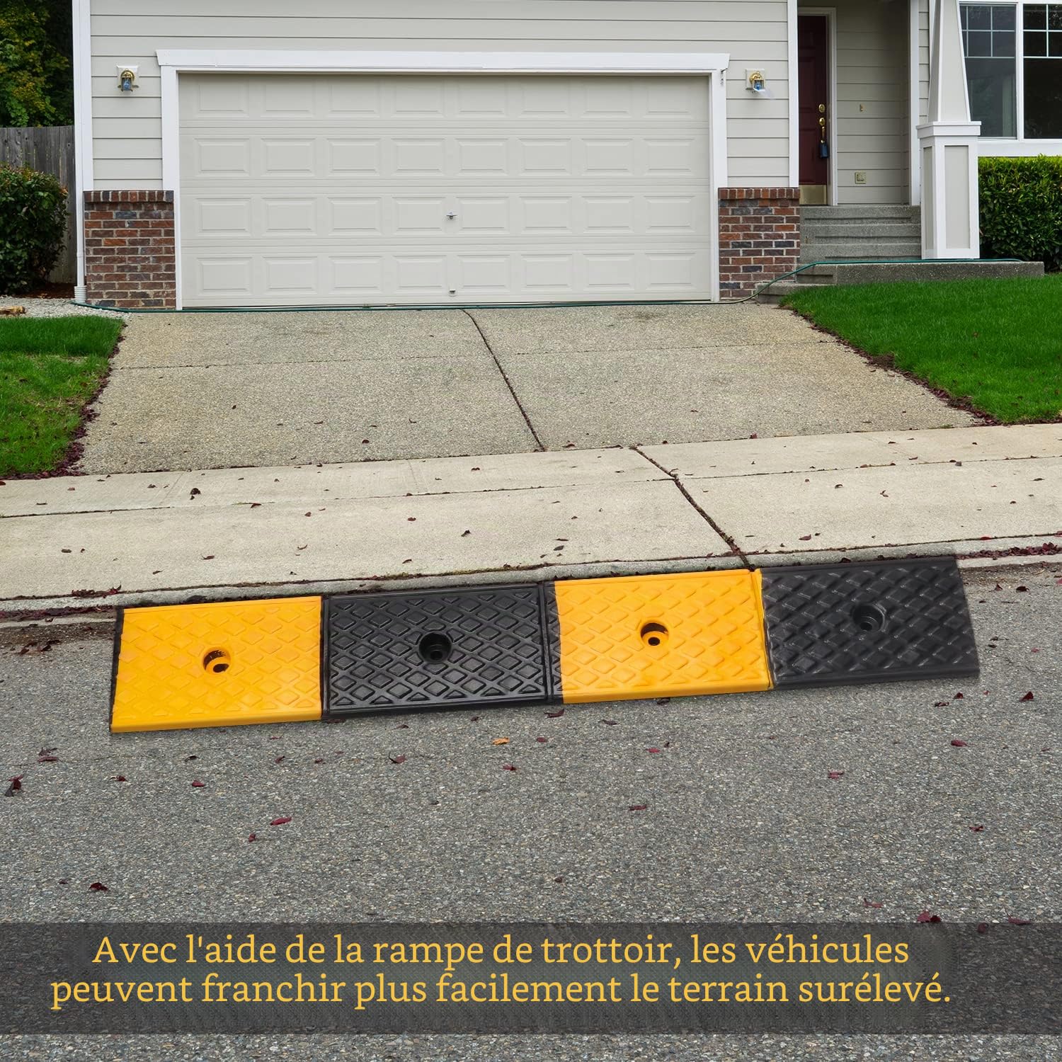 uyoyous Rampe de trottoir en caoutchouc de 5 cm de haut - Rampe de seuil de porte - Rampe d'accès - Rampe en caoutchouc pour allée, trottoir, moto, scooter, voiture, 100 x 15 x 5 cm, jaune + noir