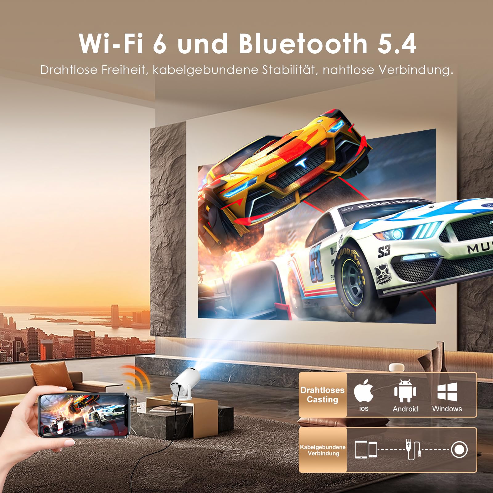Salange Mini Beamer 2026,4K Unterstützt Smart Projektor Android 14, Tragbarer mit WiFi 6 und Bluetooth 5.4 Auto Keystone, Klein Handy Beamer Heimkino Outdoor,270°Dreh kompatibel,Weiß