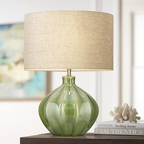 360 Lighting Gordy Modern Country Cottage Table Lamp with USB Charging Port 20.5" High Green Ribbed Ceramic Oatmeal Fabric Drum Shade for Living Room Desk Bedroom Bedside (Color May Vary)