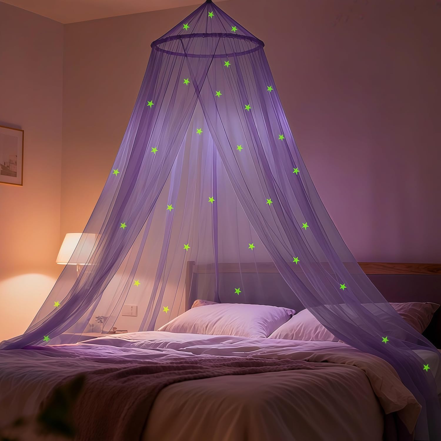 LionLively Purple Glow-in-the-Dark Stars Bed Canopy for Girls - Princess Curtains Fits Twin Full Queen Beds Ceiling Tent