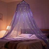 LionLively Purple Glow-in-the-Dark Stars Bed Canopy for Girls - Princess Tent Fits Twin, Full, Queen Beds, Magical Bedroom Curtains