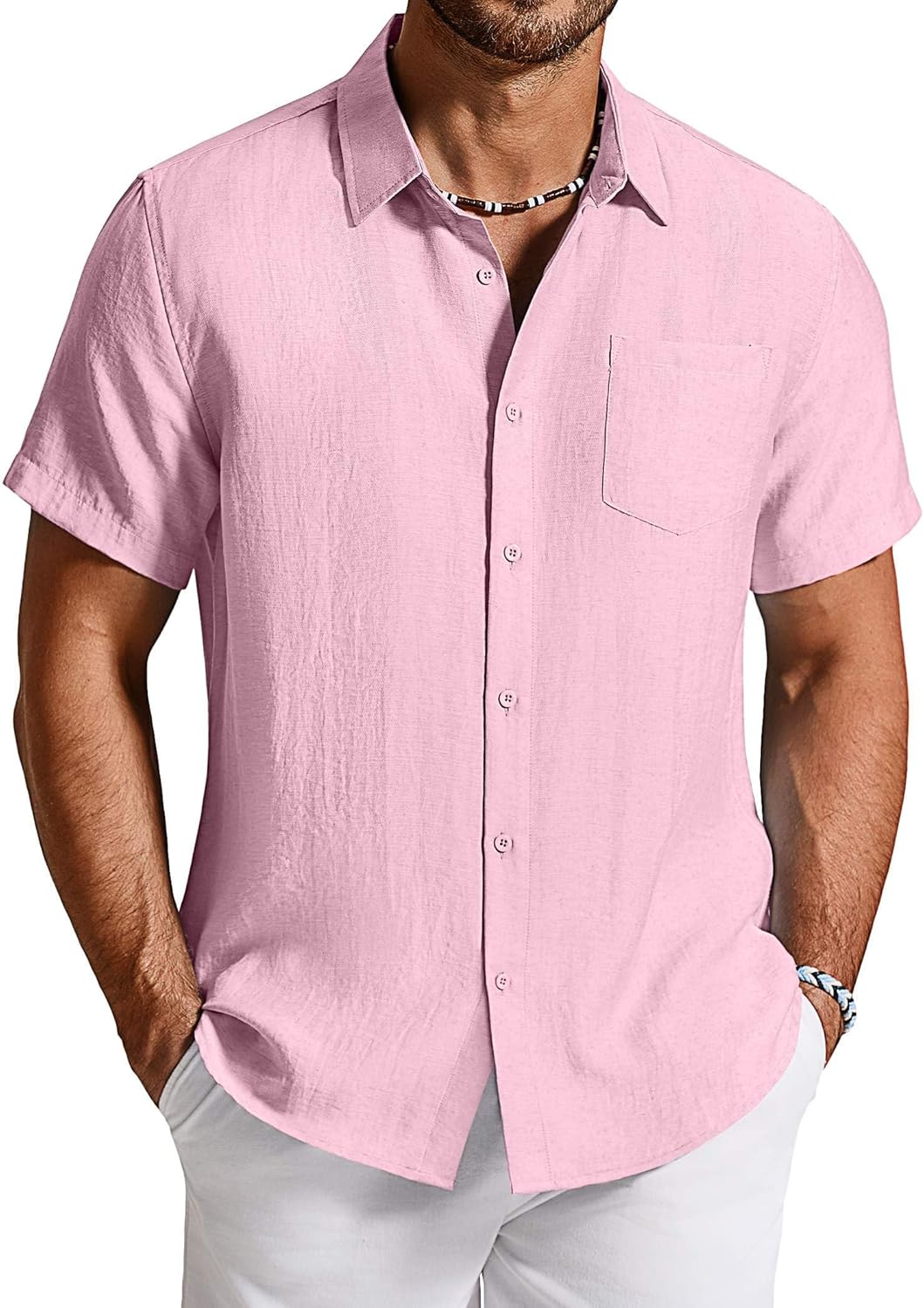 COOFANDY Linen Shirts for Men Short Sleeve Button Down Shirt Casual Beach Summer Vacation Shirt with Pocket
