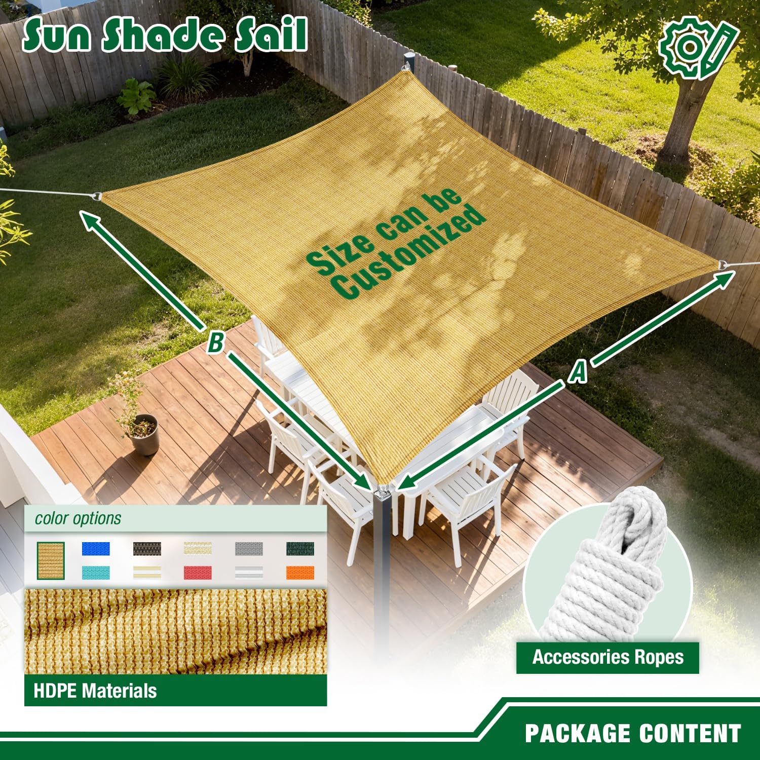 Sun Shade Sail 8'x8' Rectangle Shade Canopy Patio Cover UV Block Shade Cloth Awning Fabric for Backyard Pergola Garden Deck Carport Outdoor Activities, Sand