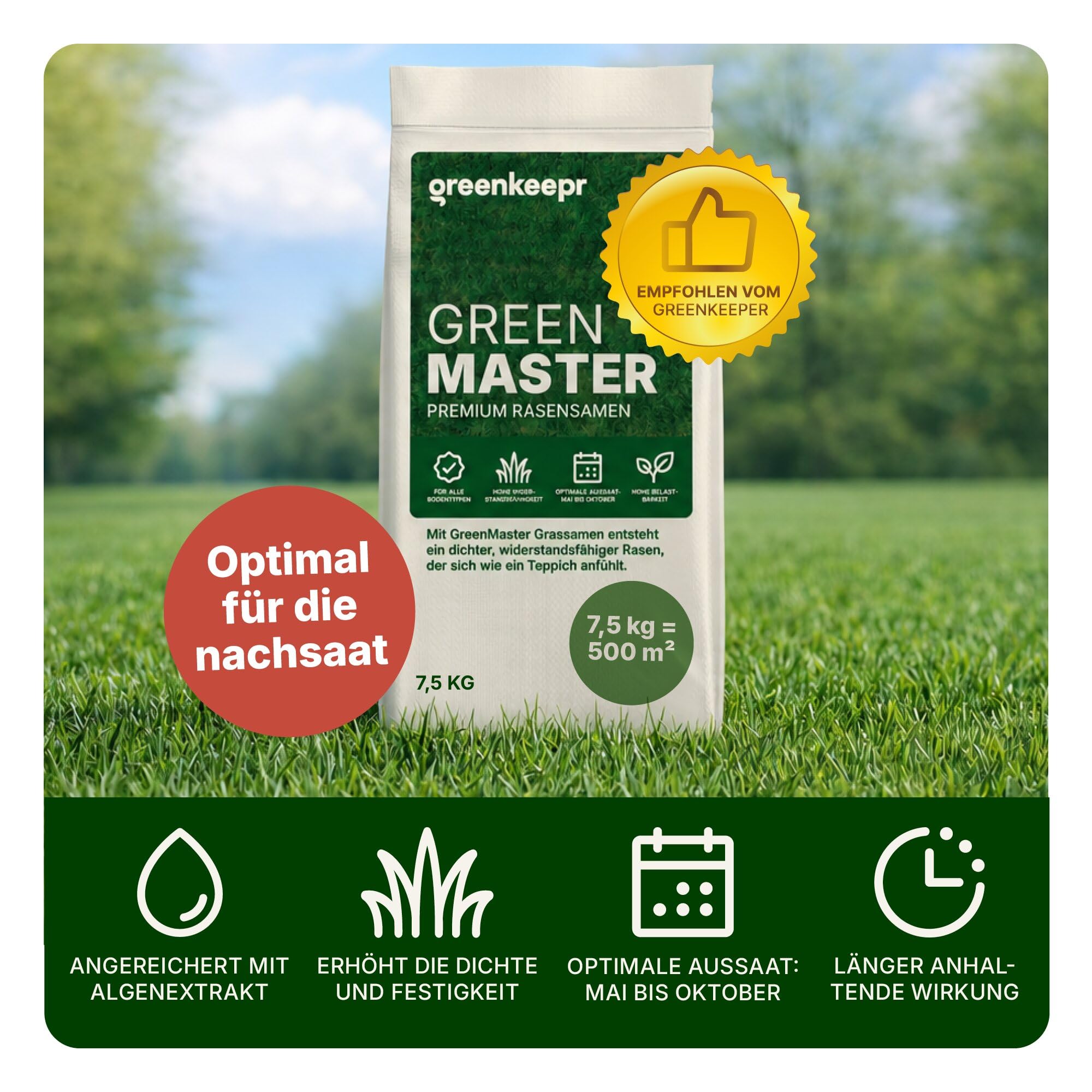 GreenMaster Premium Rasensamen 7,5 kg | Für Nachsaat & Neuanlage | Dichter, strapazierfähiger Rasen | Schnelles & kräftiges Wachstum | Profi-Qualität für größere Flächen